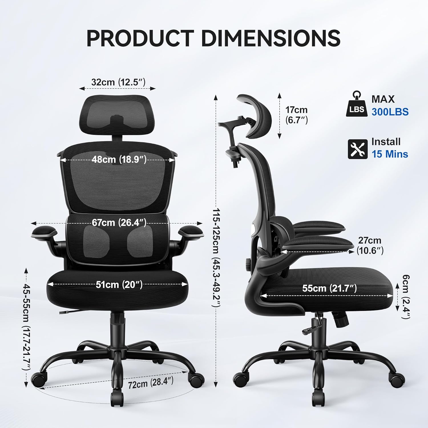 Ergonomic Office Chair, Mesh Desk Chair with Lumbar Support, High Back Home Office Chair with Adjustable Headrest and Flip-Up Arms, Comfortable Computer Chair, Thick Cushion, 300 LBS, Black - Image 2