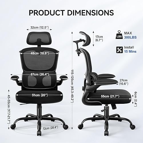 Miniatura 2 de Silla de oficina ergonómica, silla de escritorio de malla con reposacabezas ajustable y soporte lumbar, brazos abatibles, cojín grueso, silla de