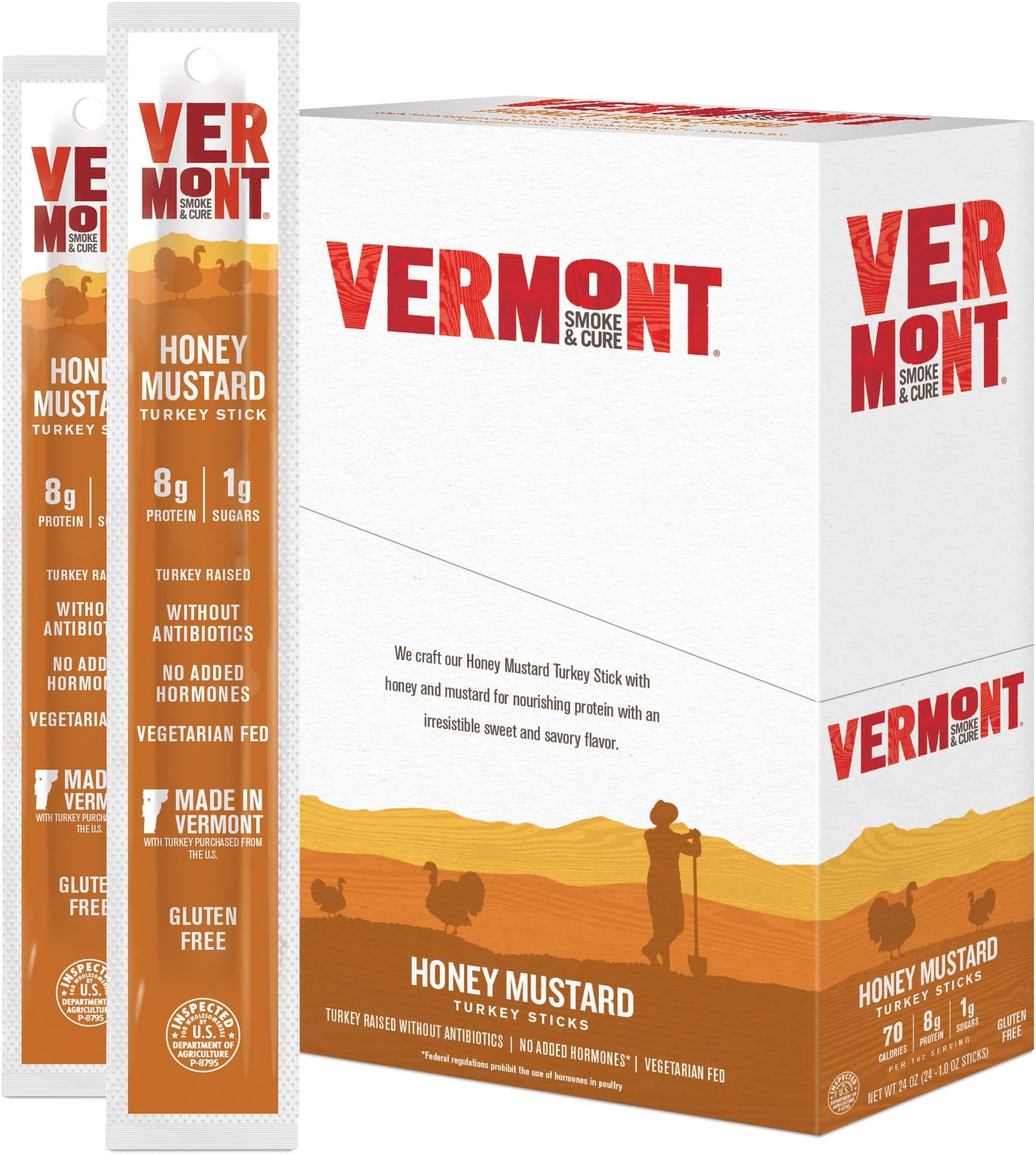 Vermont Smoke & Cure Meat Sticks - Turkey Sticks - Gluten-Free - Paleo and Keto Friendly - Nitrate Free - Honey Mustard - 1oz Jerky Stick - 24 Count