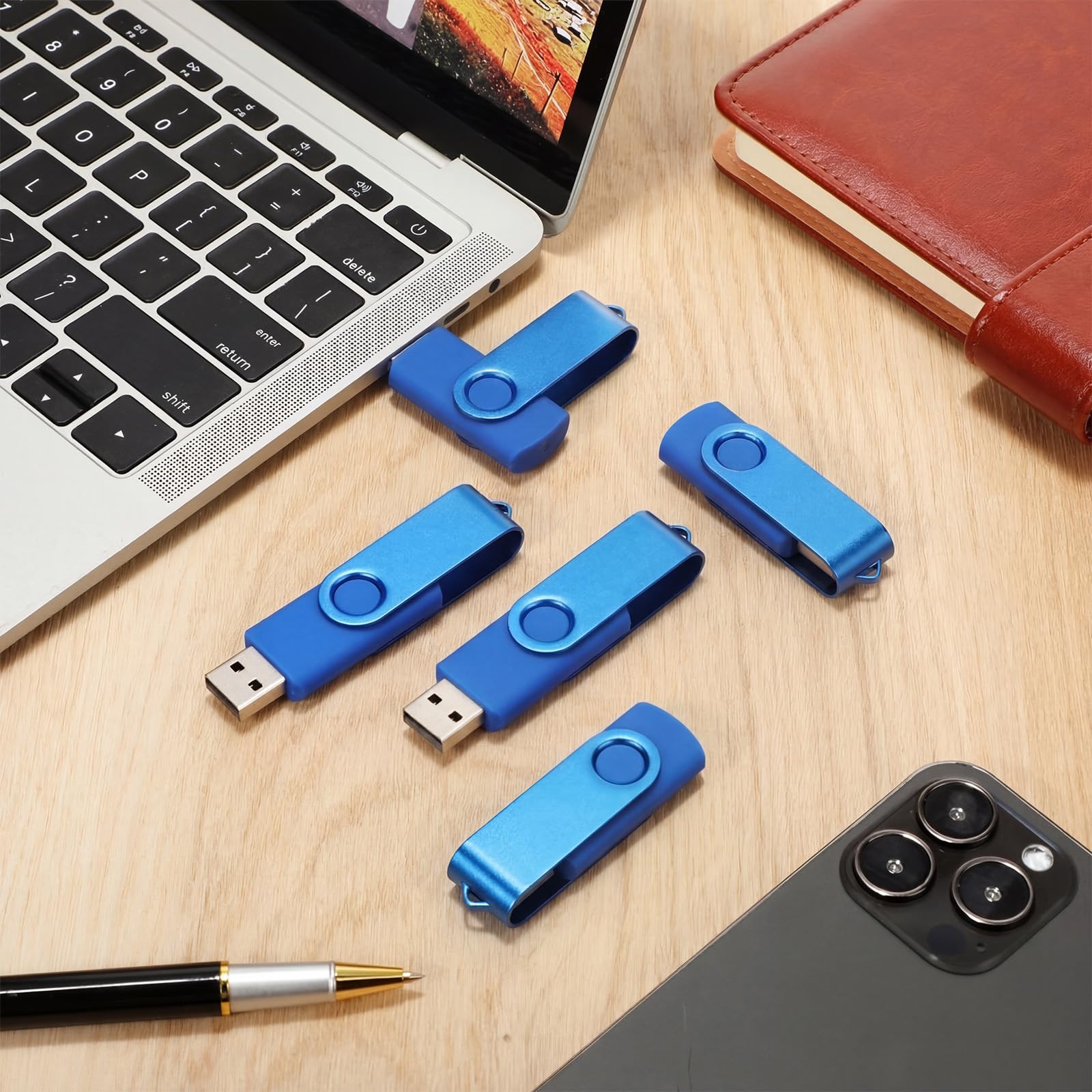 Kanayu Confezione da 100 chiavette USB da 16 GB, 2.0, con luce LED, portatile, per archiviazione dati, PC, computer, laptop, ufficio, scuola (blu)