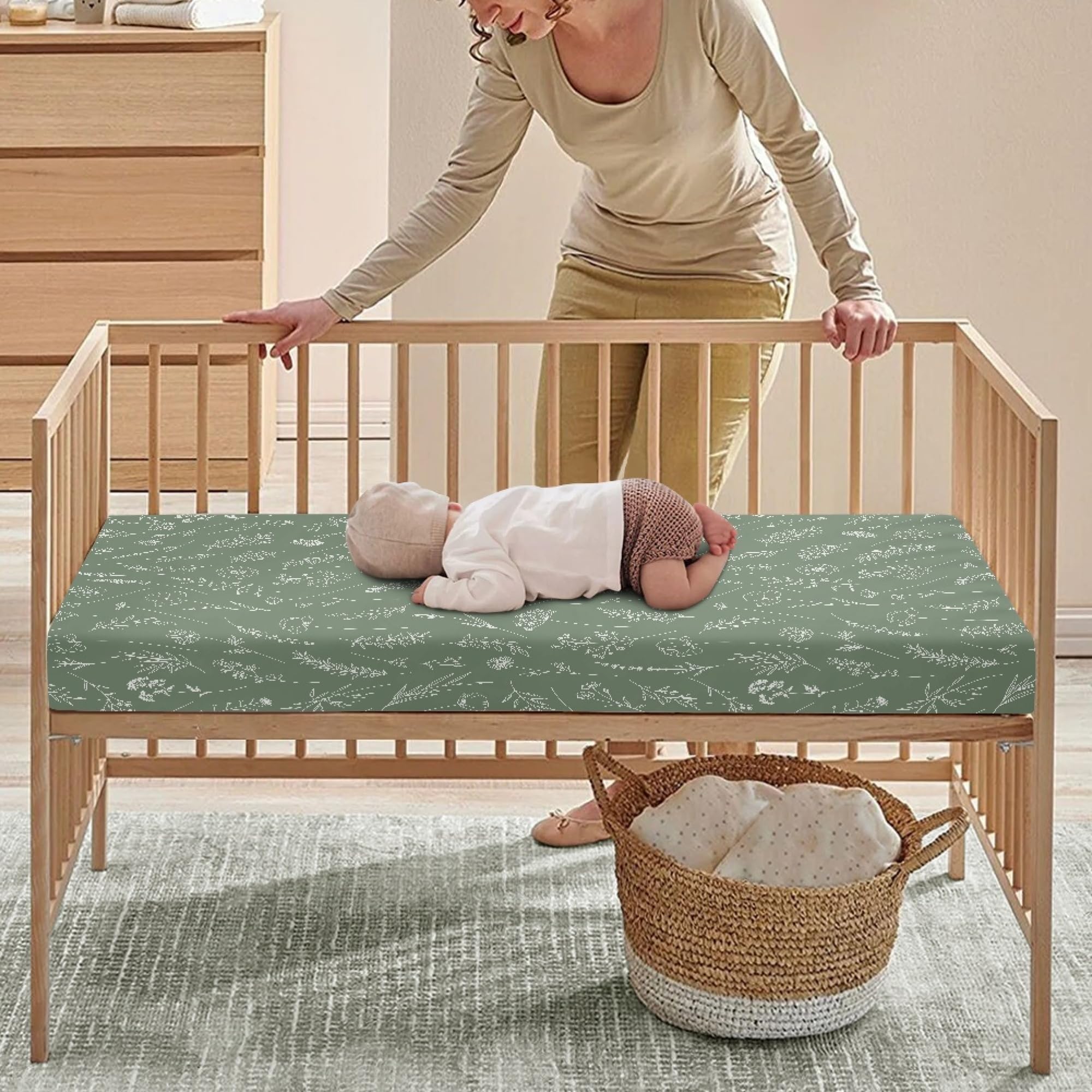 Sábana bajera ajustable para cuna, diseño de prado y flores silvestres, color verde salvia, para colchón estándar de cuna y niños pequeños, 71 x 132 cm