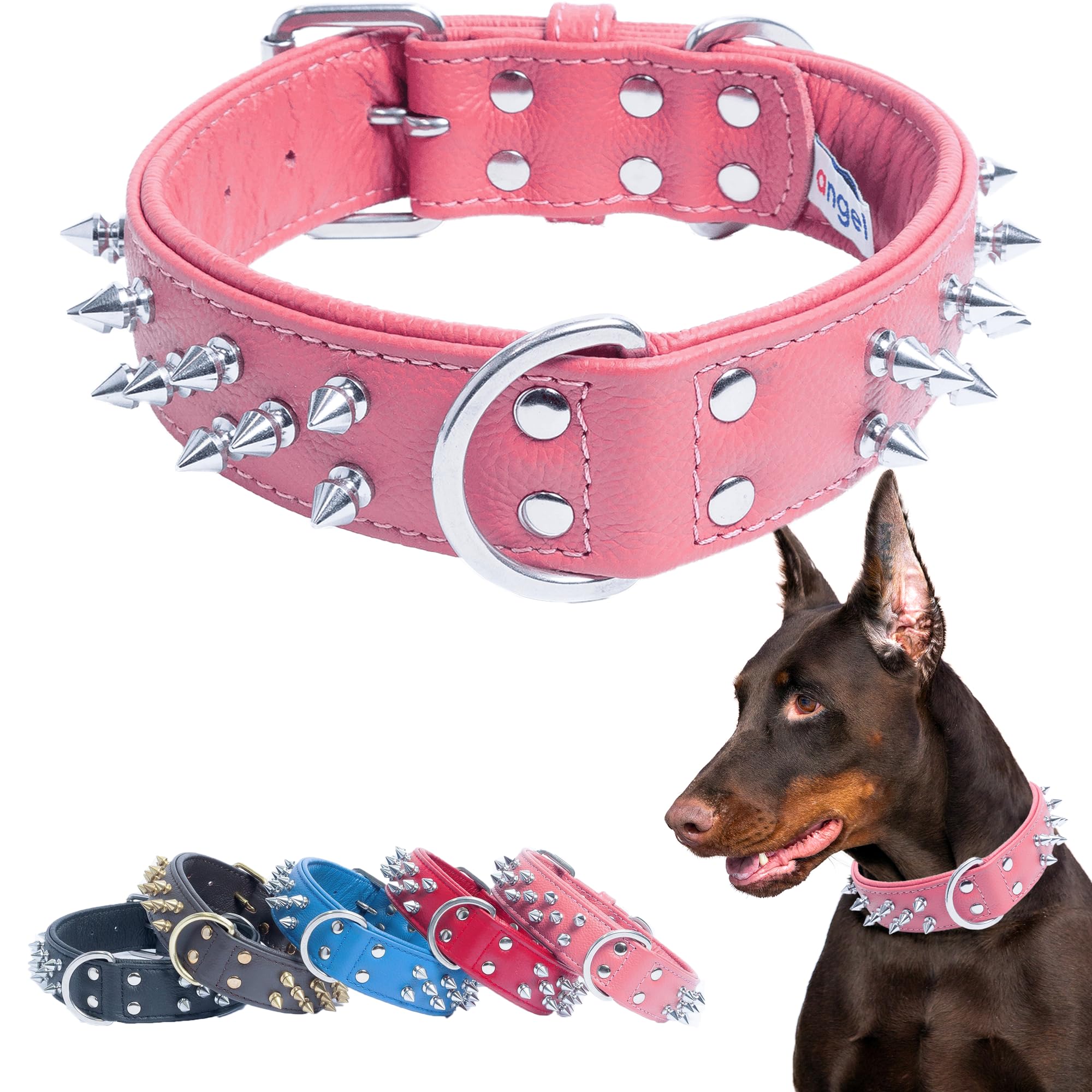 Pink Spiked Leather Dog Collar | 28” x 2” (For Neck Size 22.5
