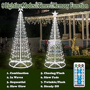 Outdoor Solar Christmas Cone Tree Lights, 7.5ft 310 LED Christmas Tree LightShow with 8 Modes Timer Remote, Lighted Artificial Tree USB Charge for Xmas Yard Porch Patio Party Holiday Decor, Cold White