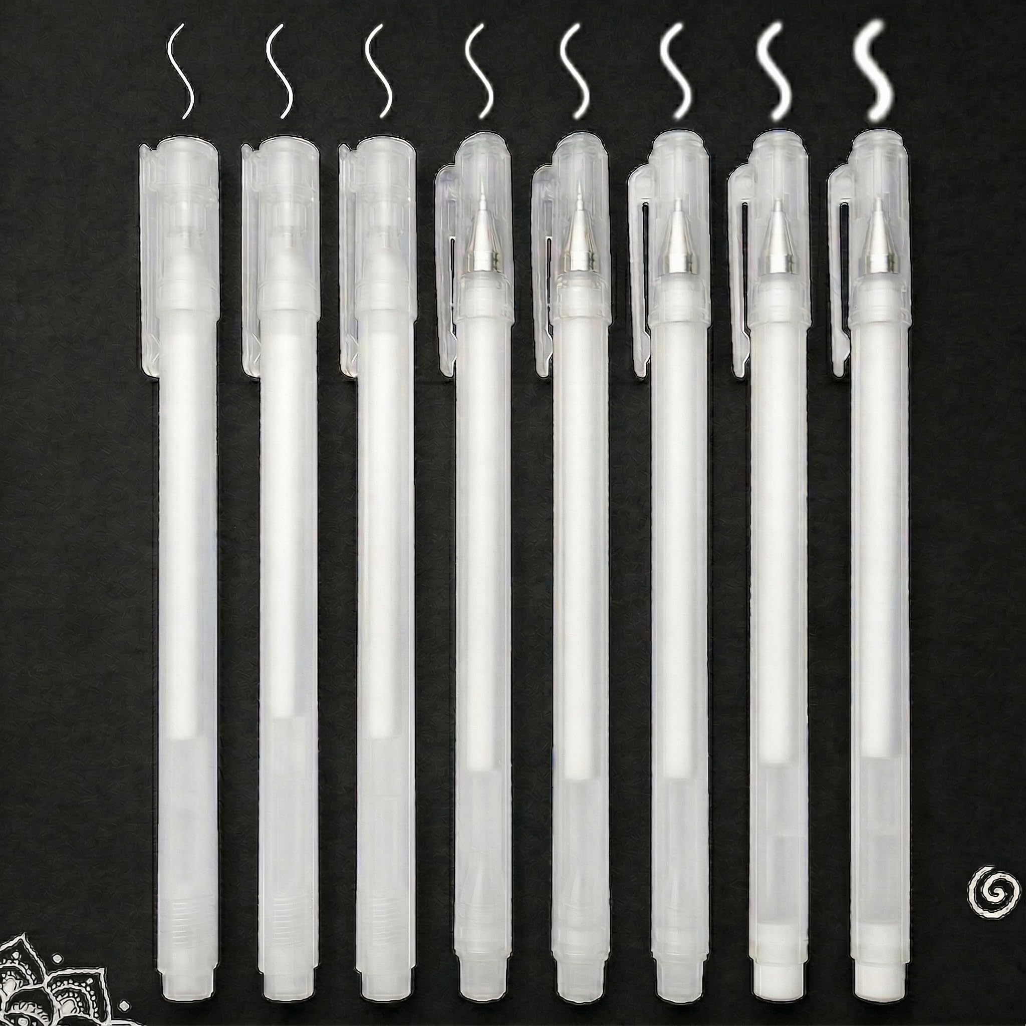 Zidoley White Gel Pens 8 Pack – White Pen Set with 0.6mm 0.8mm 1.0mm Tips, Pens for Art for Drawing, Journaling, Scrapbooking, Highlight on Black Paper