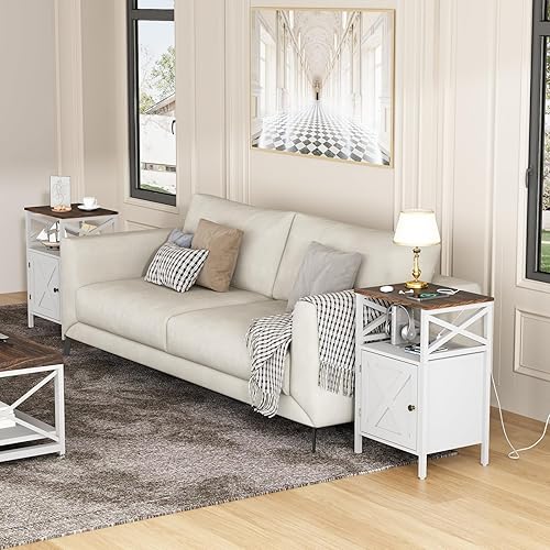 Miniatura 2 de LDTTCUK Mesa auxiliar con estación de carga, mesa auxiliar con toma de corriente y puertos USB, mesita de noche con espacio de almacenamiento de 2