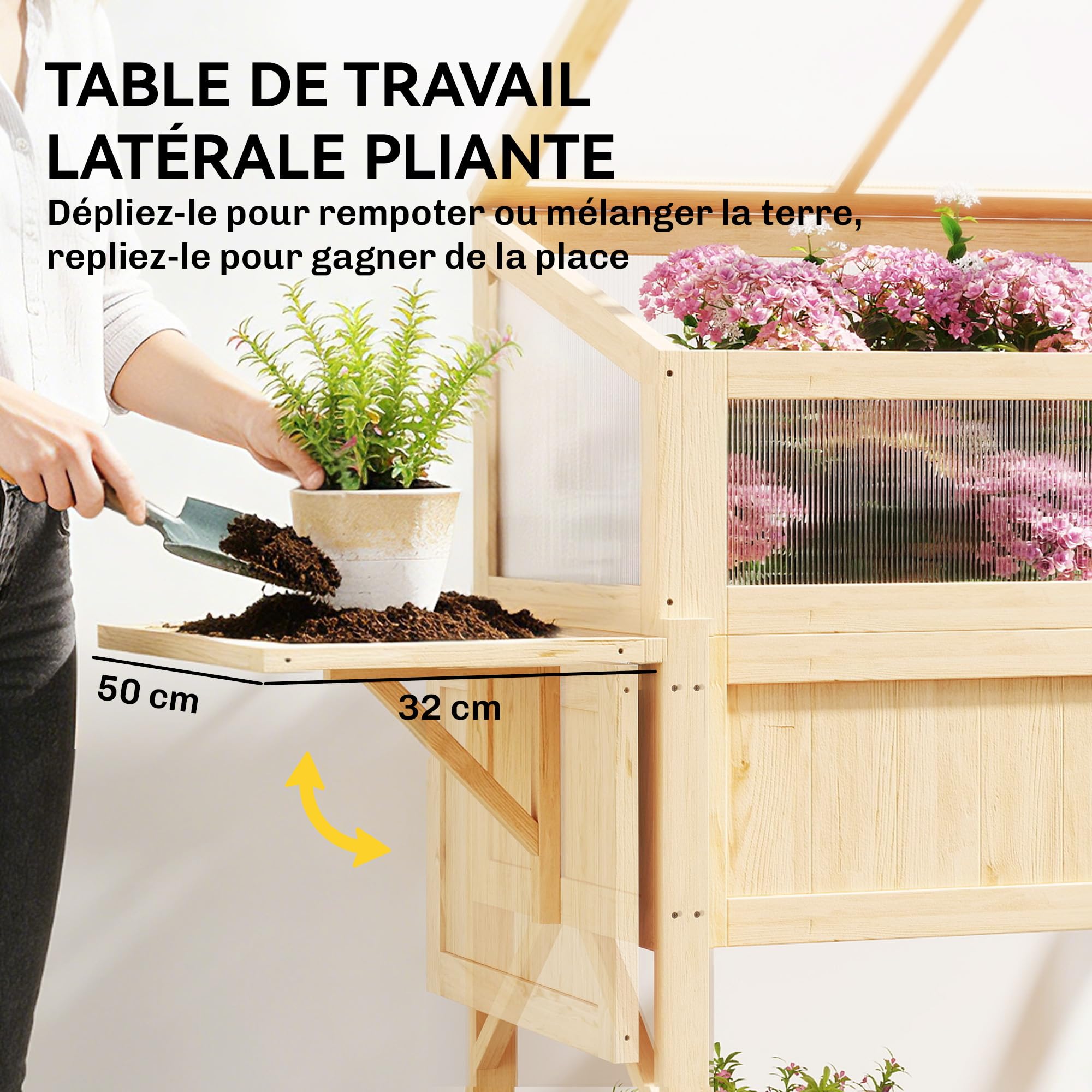 Outsunny Carré Potager sur Pieds avec Serre 104 x 50 x 120 cm Bois Naturel | Jardinière Surélevée en Bois, Table Latérale Pliante, Étagère de Rangement, pour Légumes, Fleurs, Herbes