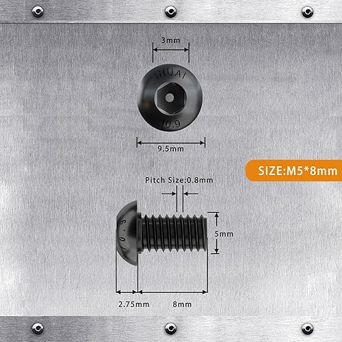 Miniatura 2 de Cicidorai Tornillos de cabeza de botón M5-0.031 x 0.315in, acero de aleación de grado 10,9, acabado de óxido negro, rosca de máquina, llave Allen,