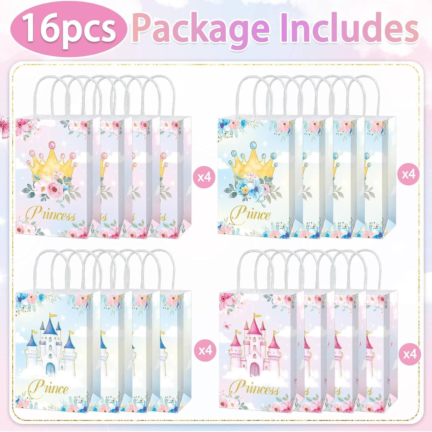 16Pcs Princess Prince Party Favor Bags Princess Paper Treat Bag with Handles Prince Castle Candy Goodie Gift Birthday Bags for Party Decorations Boys Girls Gender Reveal Baby Shower Wedding Supplies - Image 2