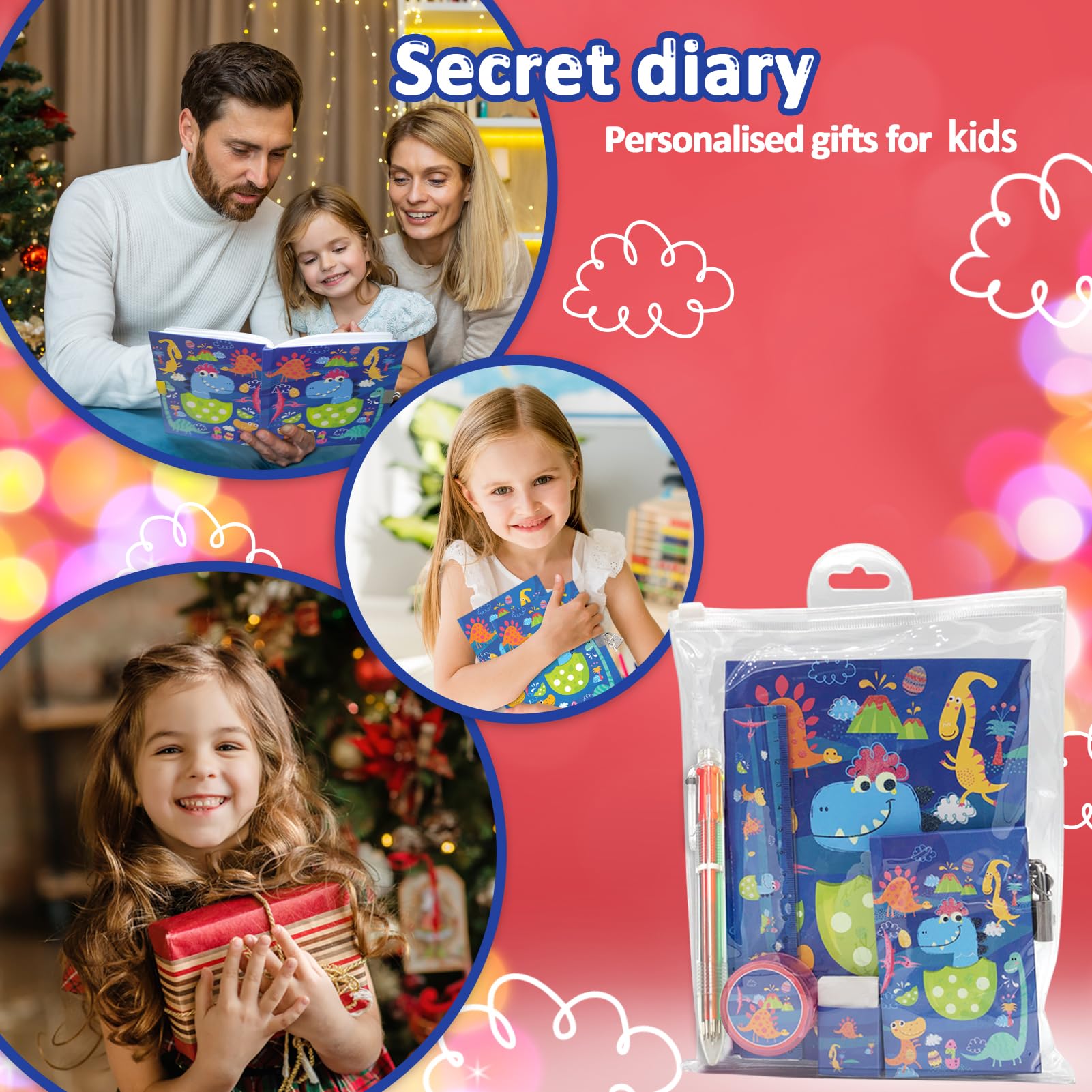 Zestaw Diario Segreto Bambino Blu Dinosauro z Lucchetto, Penna 6 Kolorów, Mini Notes, Righello, Temperamatite dla Dzieci 6-10 Lat