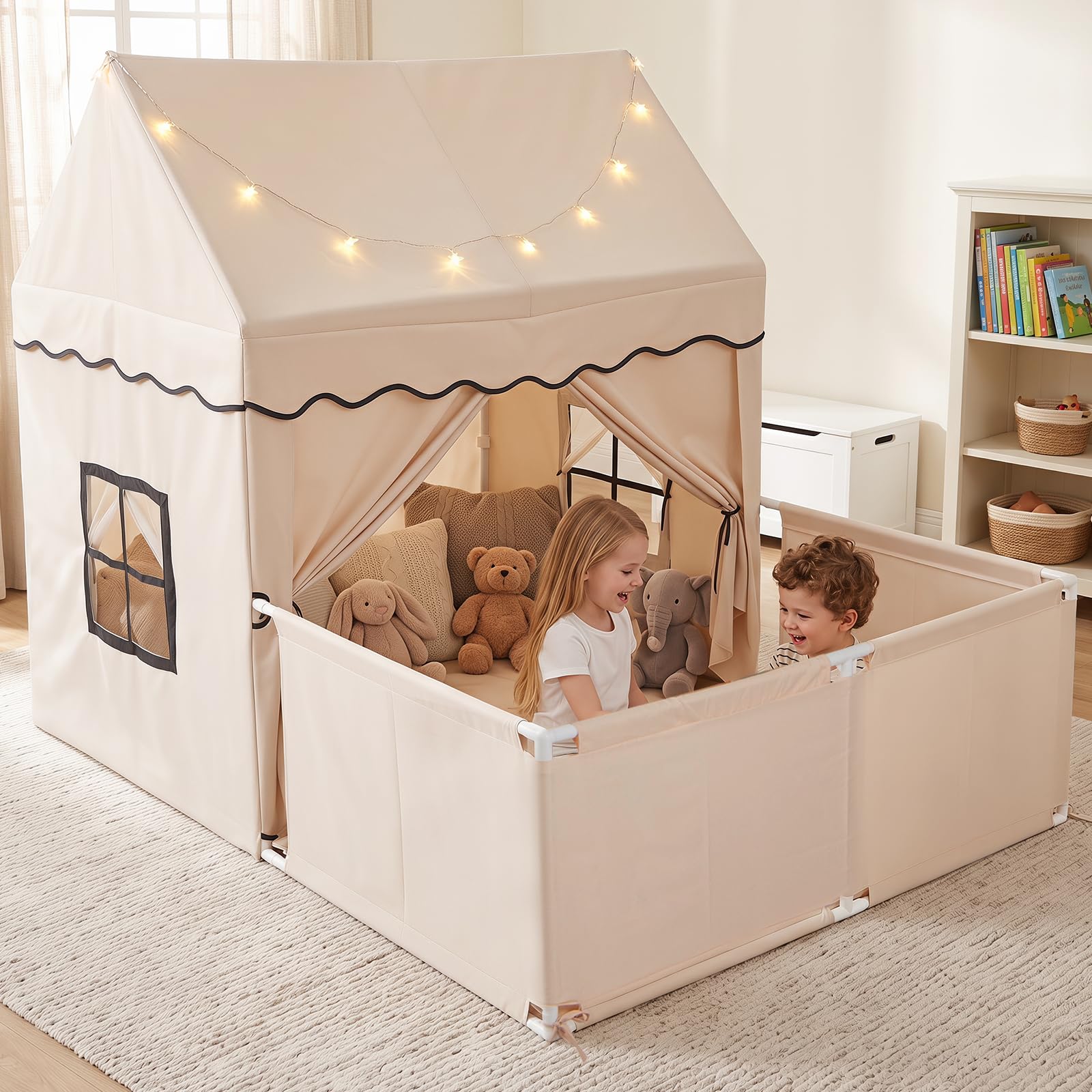 COSTWAY Kids Play Tent with Playpen, Star Lights, Cushion Mat (Beige)