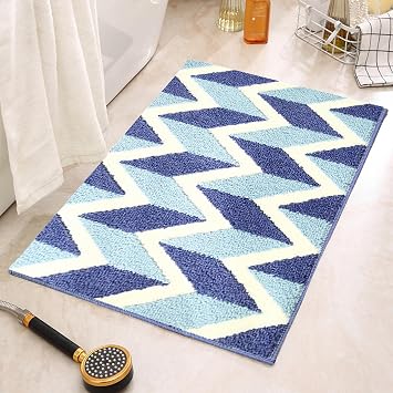 Blue and White Bathroom Rugs Geometric Pattern Soft Plush Bathmat Water Absorbent,Quick Dry,Non Slip Bath Matts for Shower Room 3220
