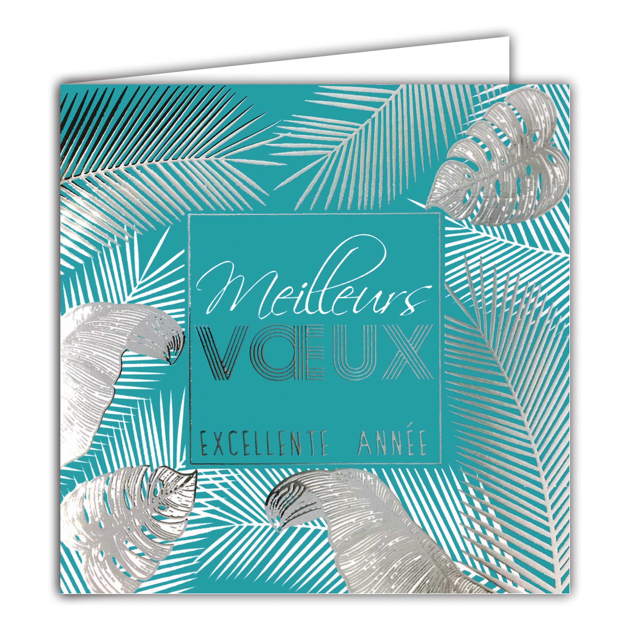 Afie 23037 Square Happy New Year Best Greetings Card Shiny Silver Leaves Palm Trees Banana Monstera Tropical Exotic Christmas Card with White Envelope