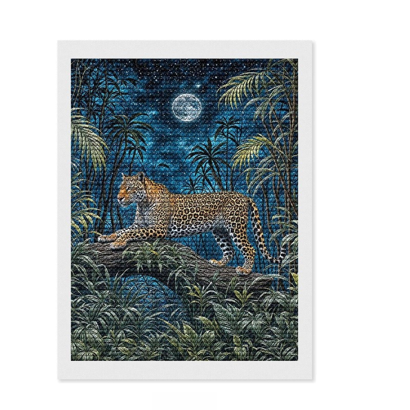 Junmoney Leopard in Jungle Night Round Drill Diamond Painting 12"x16", Relaxing DIY Hobby, Sparkling Round Gems, Modern Decor, for Adults