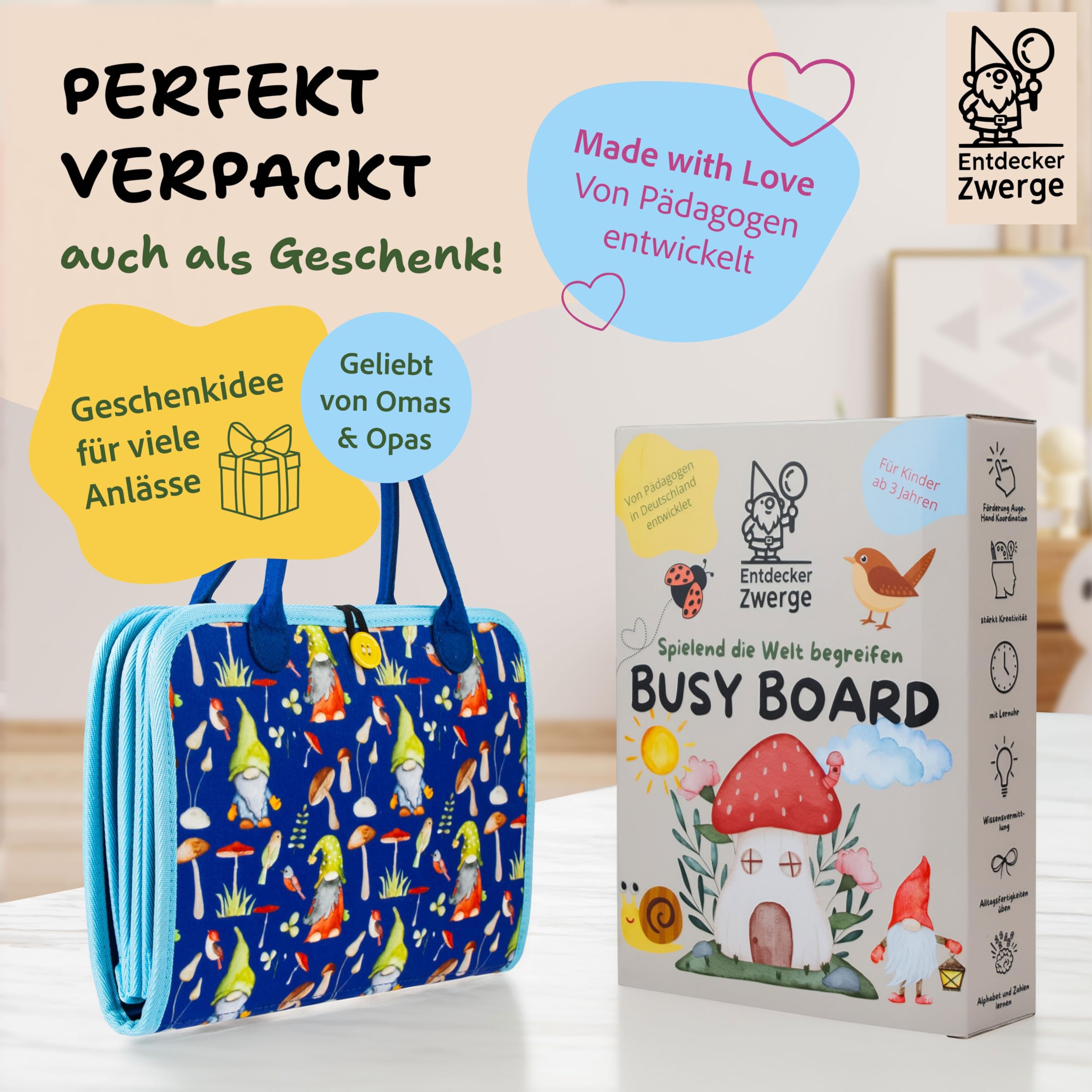Montessori Busy Board ab 3 Jahre - Lernspielzeug mit deutschen Inhalten - Busy Book mit 25 Aktivitäten - Motorikspielzeug - Activity Board für Kinder - Reisespiel - in Geschenkbox
