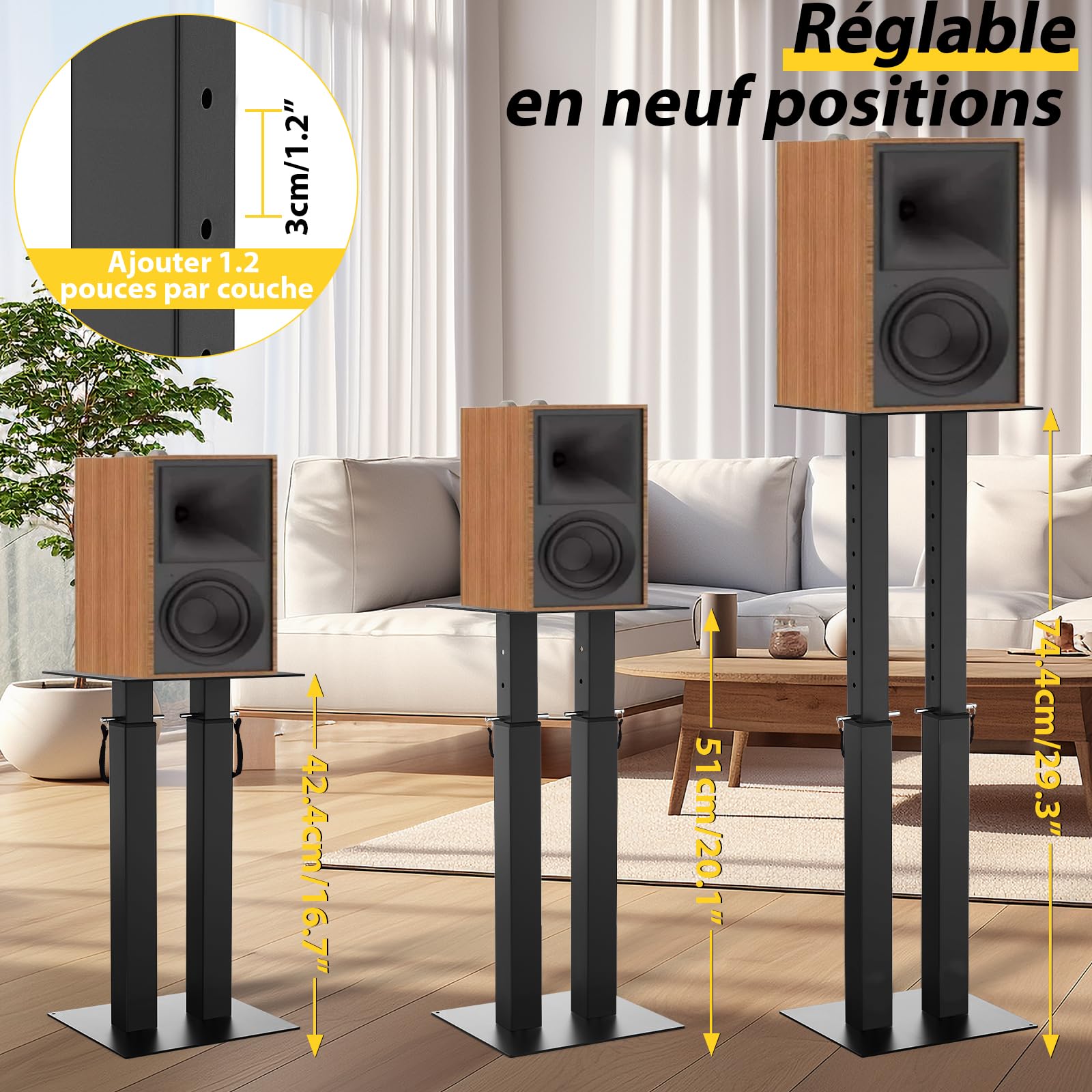 OUUTMEE Supports d'Enceinte Réglable en Hauteur, Lot de 2 Pieds d'Enceintes Universel avec Gestion des Câbles pour Enceintes Satellites Jusqu'à 20KG (Noir)