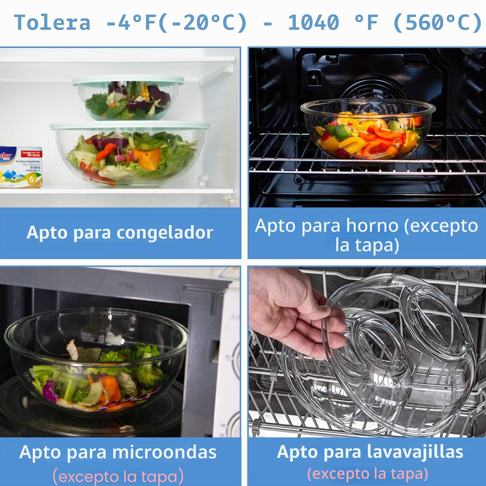 WhiteRhino Juego de 4 cuencos de vidrio con tapas, cuencos de vidrio resistentes al calor (3.7 cuartos de galón, 2.1 cuartos de galón, 1.1 cuartos de galón)