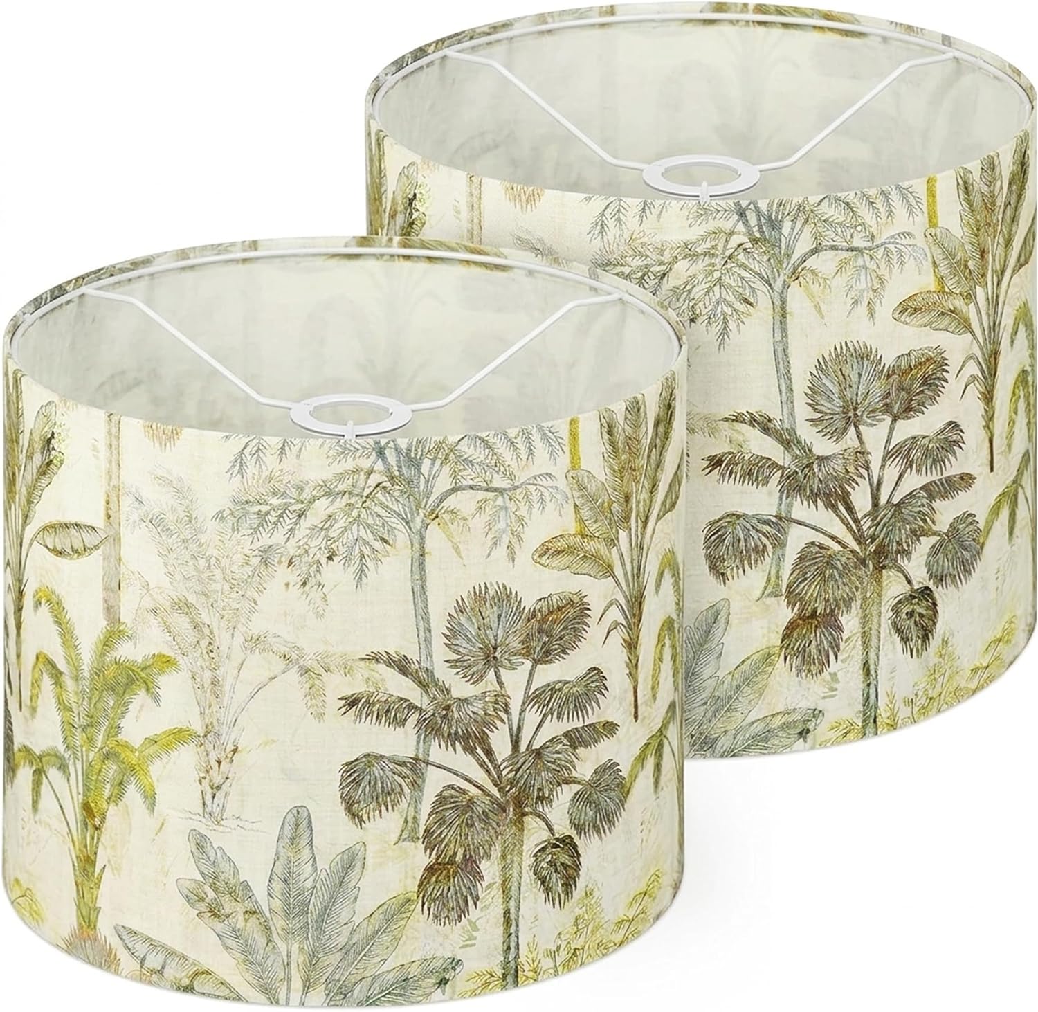Floral Drum lampshade Set of 2 | Cotton Small Lamp Shade 8.7" Top x 8.7" Bottom x 7.9" High Spider Lamp Shades Replacement for Table and Floor Lamps (Palm Tree)
