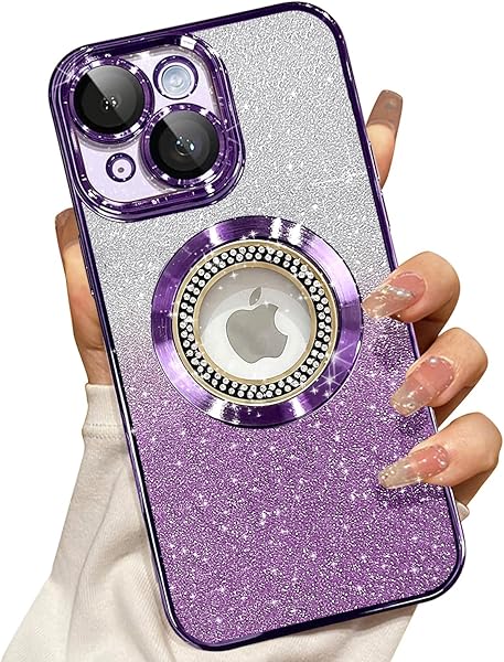 Misscase for iPhone 14 Plus Magnetic Glitter Case Compatible with MagSafe,Full Protection Slim Shockproof Anti-Scratch Case with Camera Lens Protector Logo View Dust-Proof Net for Women Purple