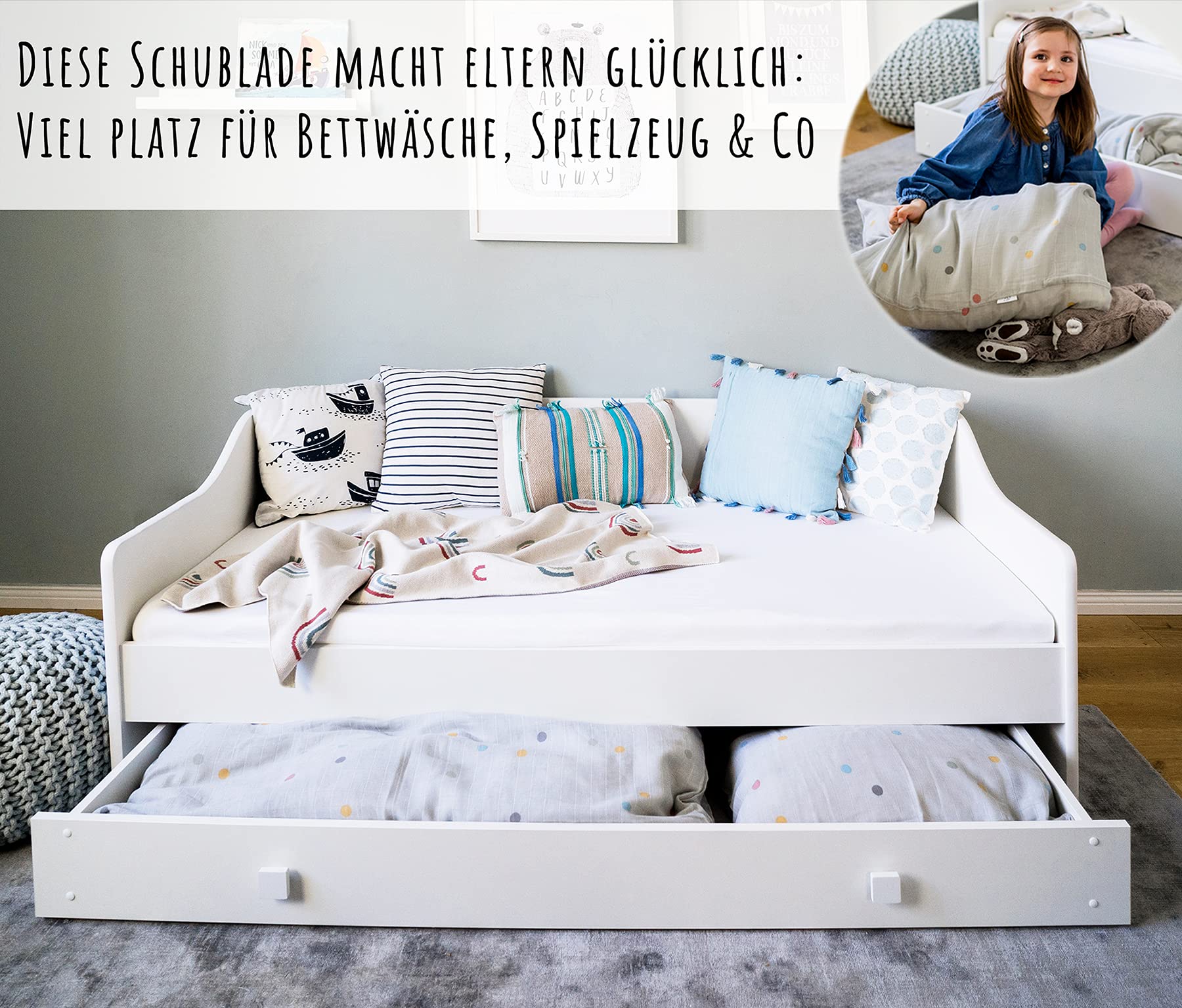 Kids Collective Kinderbett Jugendbett 80x180 cm mit Matratze Rausfallschutz Schublade Kinder Sofa Couch Bett umbaubar weiß | von 3. bis 12. Lebensjahr
