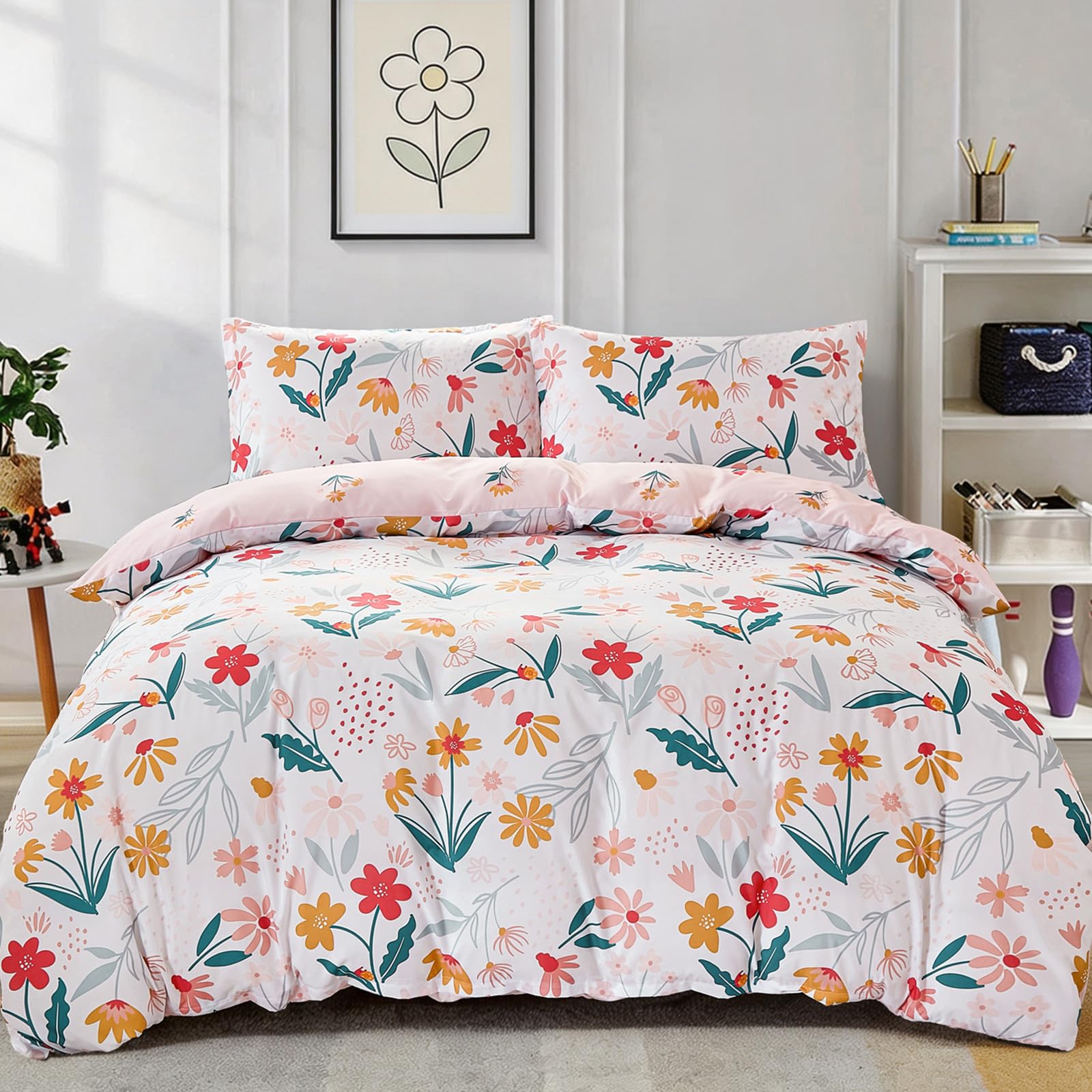 Floral Bedding Set,Children Kids Duvet Cover Sets for Girls,Soft Microfiber Bed Set for All Seasons Single Size 135x200 cm