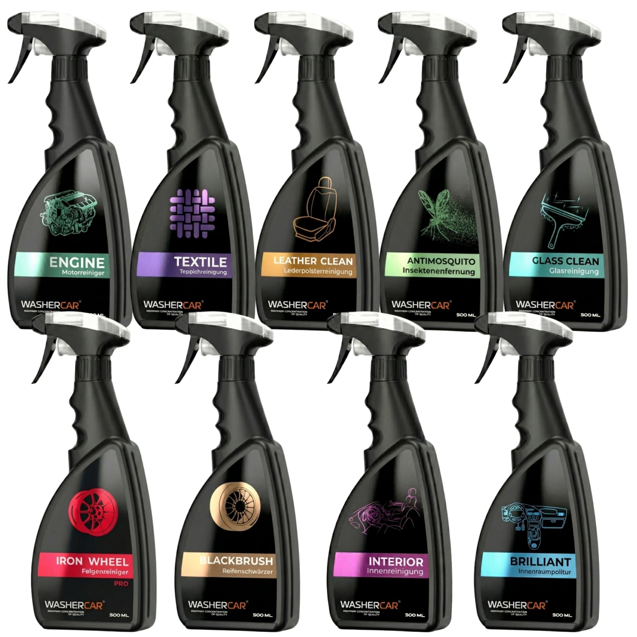 WasherCar Auto Pflege Set 9-teilig – 9x 500ml Autopflegeset Innen & Außen | Felgenreiniger, Reifenschwärzer, Lederreiniger, Glasreiniger | Car Detailing Kit | Geschenk Mann & Frau