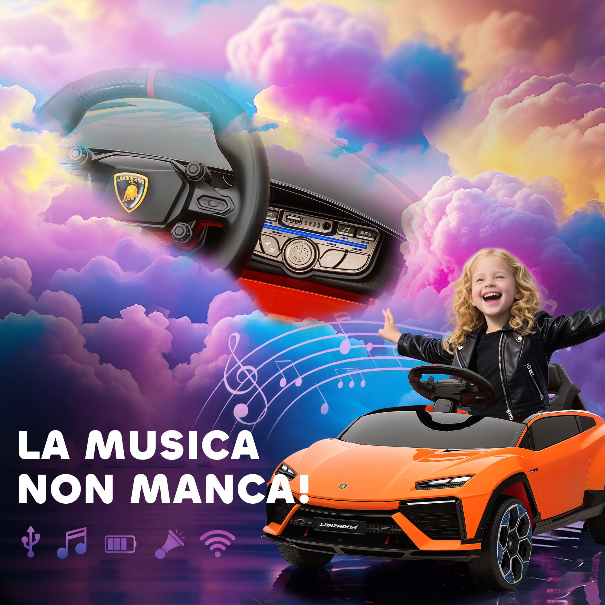 AIYAPLAY Macchina Elettrica per Bambini 3-8 Anni Lamborghini con Porte a Forbice, 12V Auto Elettrica per Bambini con 2 Motori, Sospensioni, Telecomando, MP3, Musica, Rotelle e Maniglia, Arancione