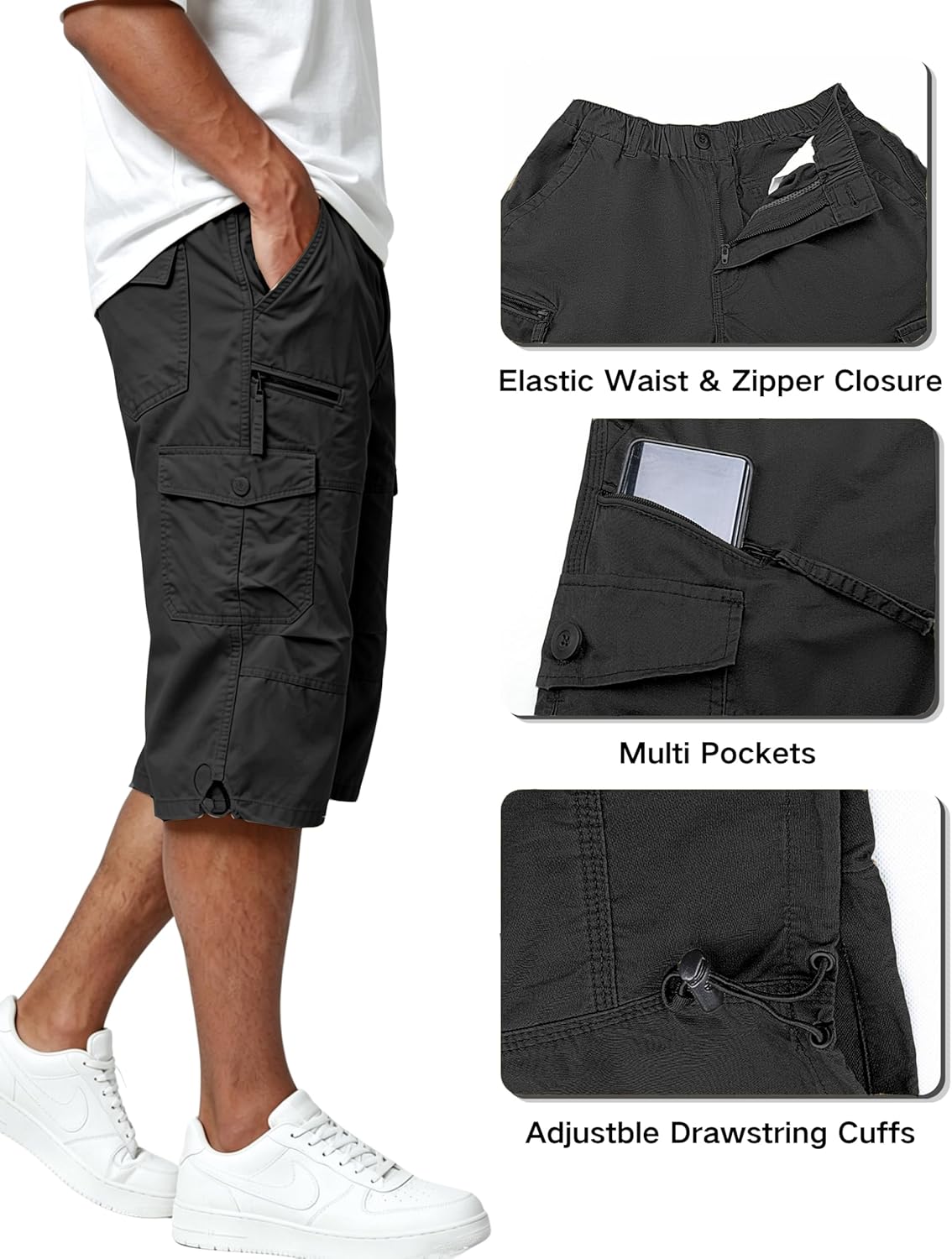EKLENTSON Men's Cargo Shorts Casual Twill Elastic 3/4 Capri Pants Below Knee Long Shorts with 7 Pockets