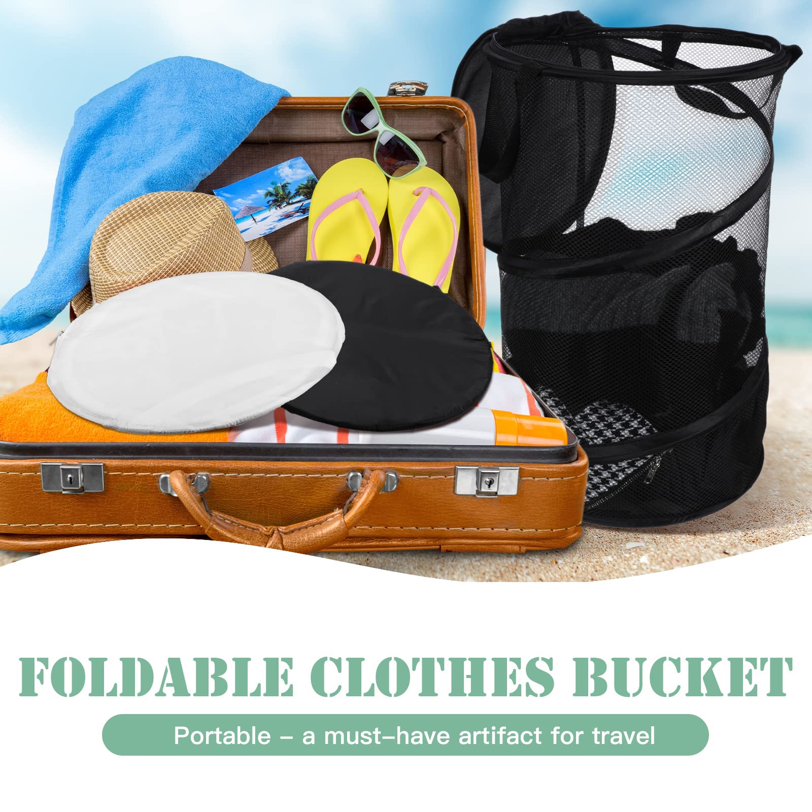 Set di 4 cesti portabiancheria pop-up con coperchio in rete pieghevoli con manici, rotondi, pieghevoli, con ganci adesivi, per vestiti sporchi, organizer da viaggio, dormitorio, bianco, nero