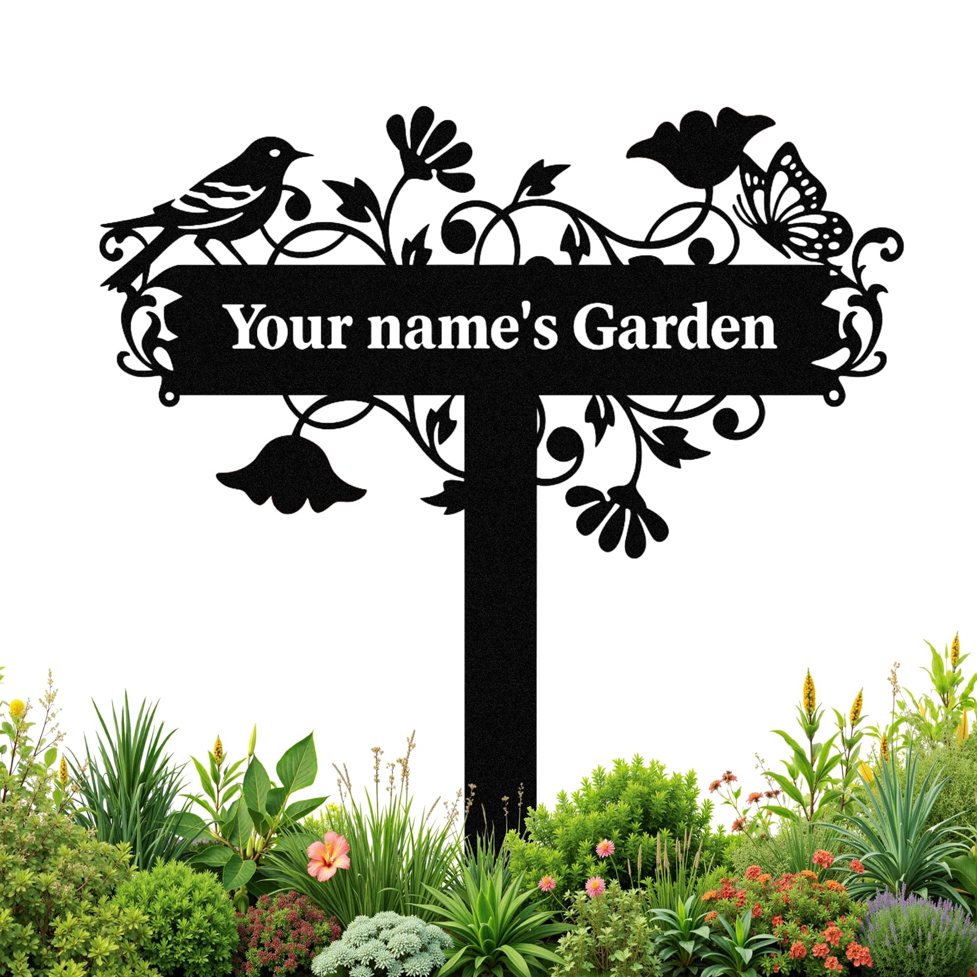 Personalized Garden Signs for Outside, Custom Metal Garden Signs with Stake Waterproof, Custom Name Metal Sign Outdoor, Customized Birds Flowers Design Home Patio Yard Decor Gardening Gifts