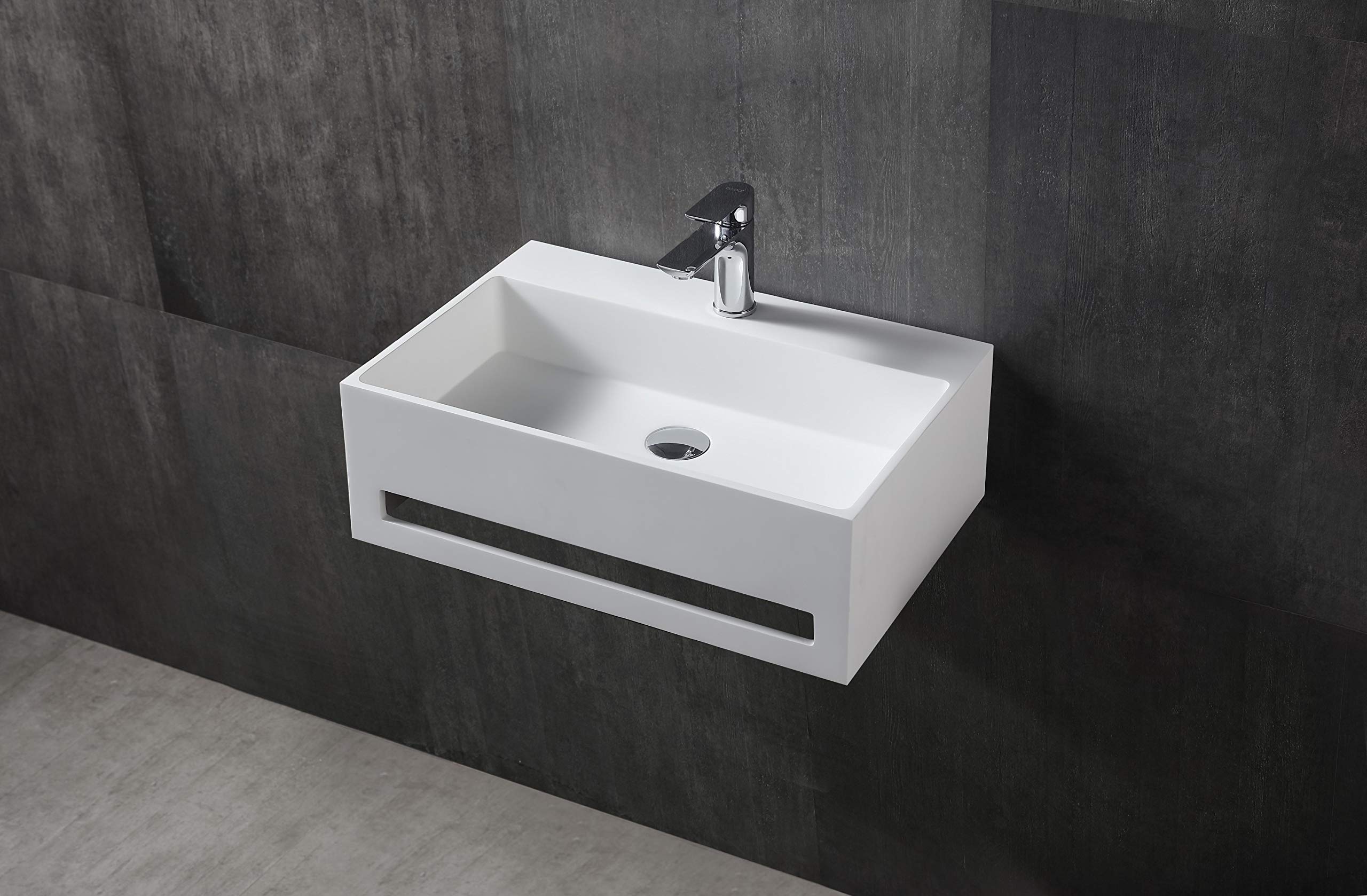 BERNSTEIN - Vasque Lavabo Rectangulaire suspendu Blanc mat 60x40x20cm Lave main mural fonte minérale + Porte-serviette, sans Bonde - Design, Robuste & Durable - TWG02