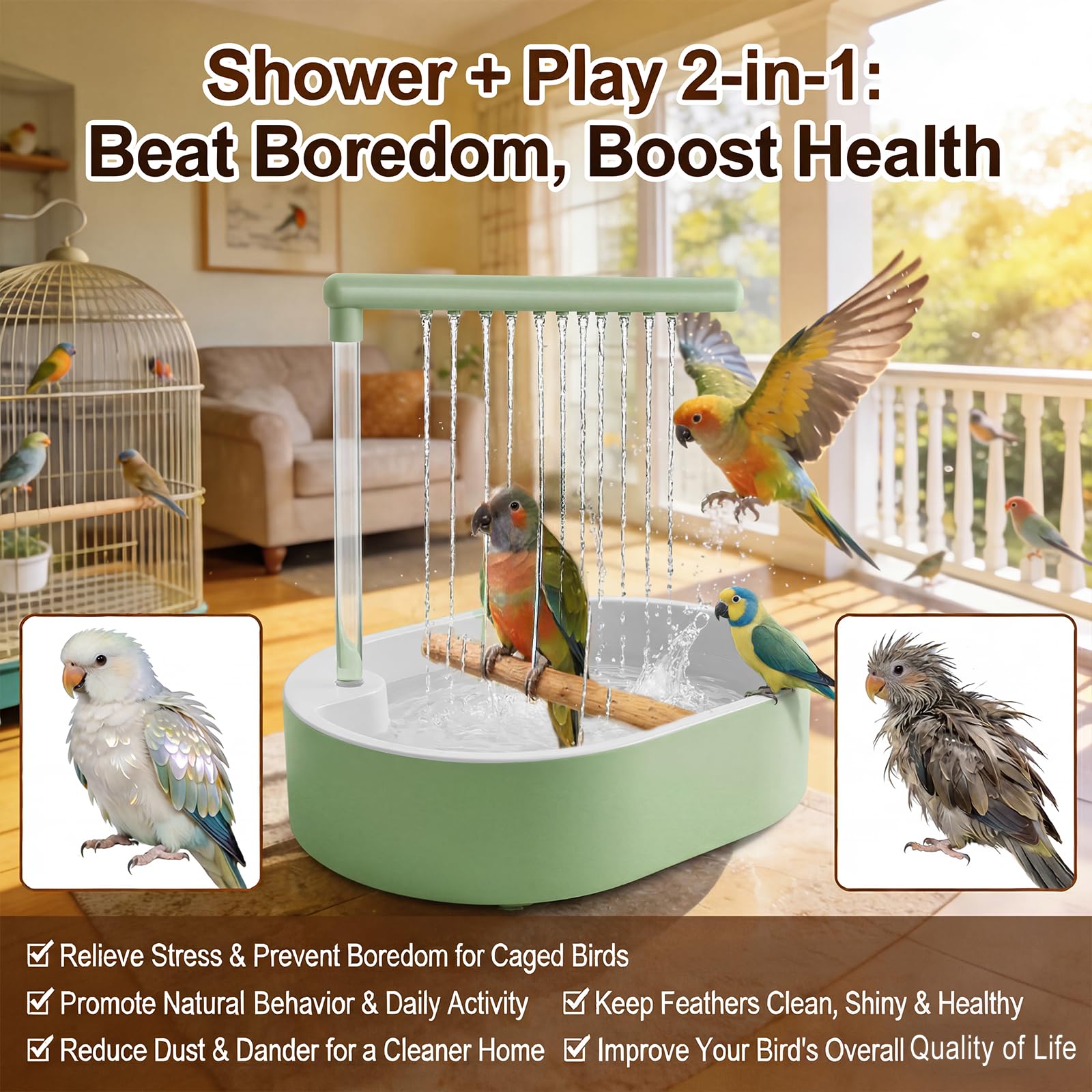 Bain d'oiseaux, Douche pour Perroquets, Douche d'oiseaux, Douche pour Perroquet, Bain d'oiseaux Automatique avec Eau en Circulation, pour Perruches, Munias Africains et Aras