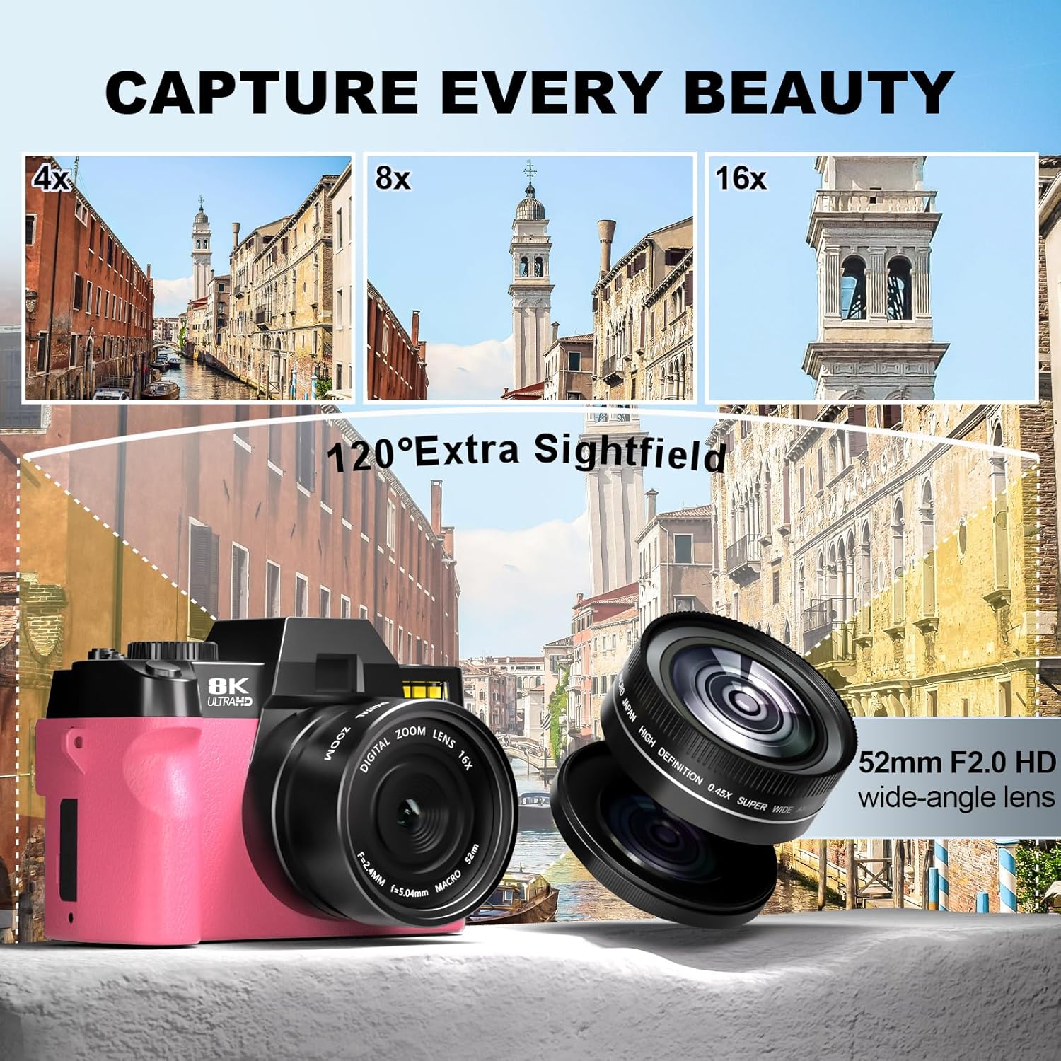 8K Digital Cameras for Photography, 64MP vlogging Camera with 180°Flip Screen，2 Batteries, 64GB TF Card，16X Zoom, WiFi,Microphone, Wide & Macro Lens Kit (Light Pink)