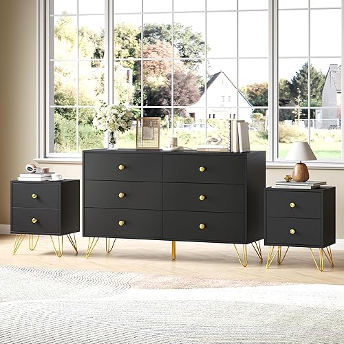 Black Dresser and Nightstand Sets for Bedroom,3 Pcs Bedroom Set with Metal Legs, 6 Drawer Dresser & Night Stand Set of 2 with Gold Handles,Modern Dresser Sets,Bedroom Furniture Set