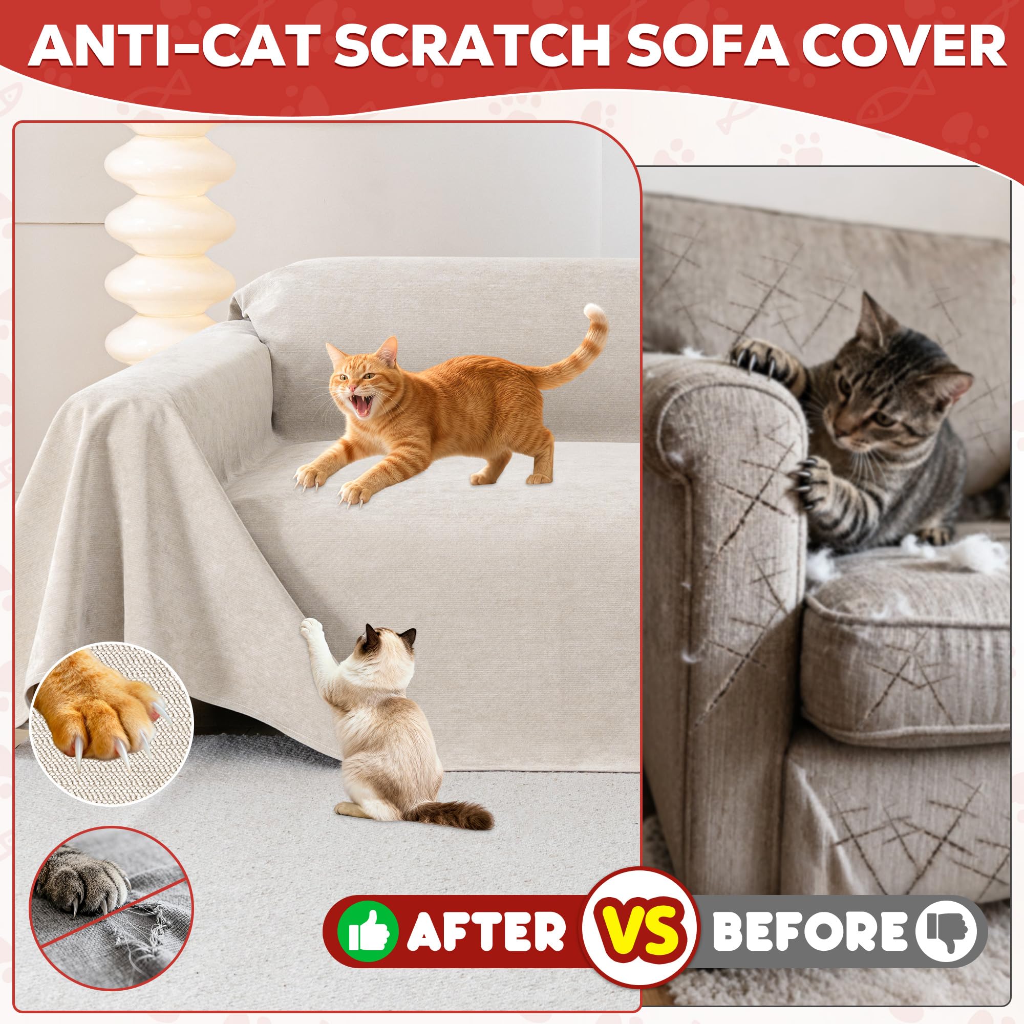 Loiion Fundas Sofa Antipelos Mascotas, Funda de Sofa 3 Plazas, Protector de Muebles para Perros, Protector Sofa para Gatos Arañazo y Perros Mascotas, Antideslizante Antimanchas, Caqui, 380x180cm