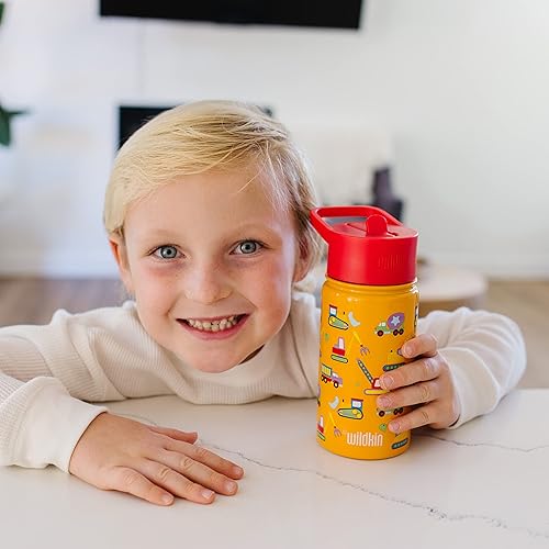 Miniatura 2 de Wildkin Botella de agua de acero inoxidable de 14 onzas para niños y niñas, cuenta con parte superior de popote y asa de transporte, tamaño ideal