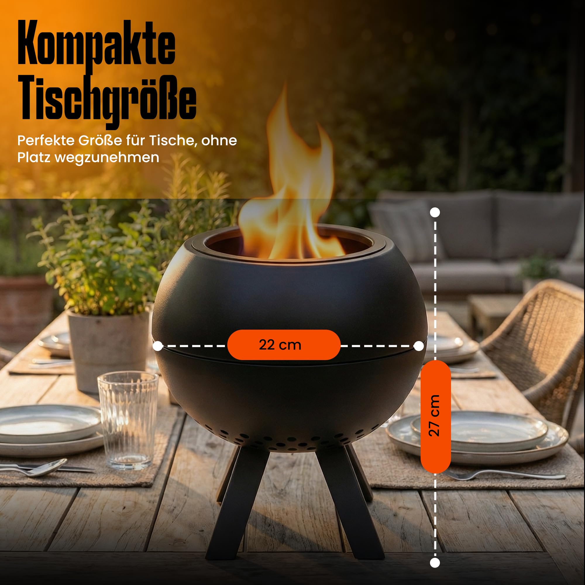 Rauchfreies Tischfeuer Outdoor – Tischkamin für Garten, Terrasse & Balkon – Kleine Feuerstelle für Pellets und Holz – Doppelwandige Stahlkonstruktion inkl. Schaufel – Schwarz