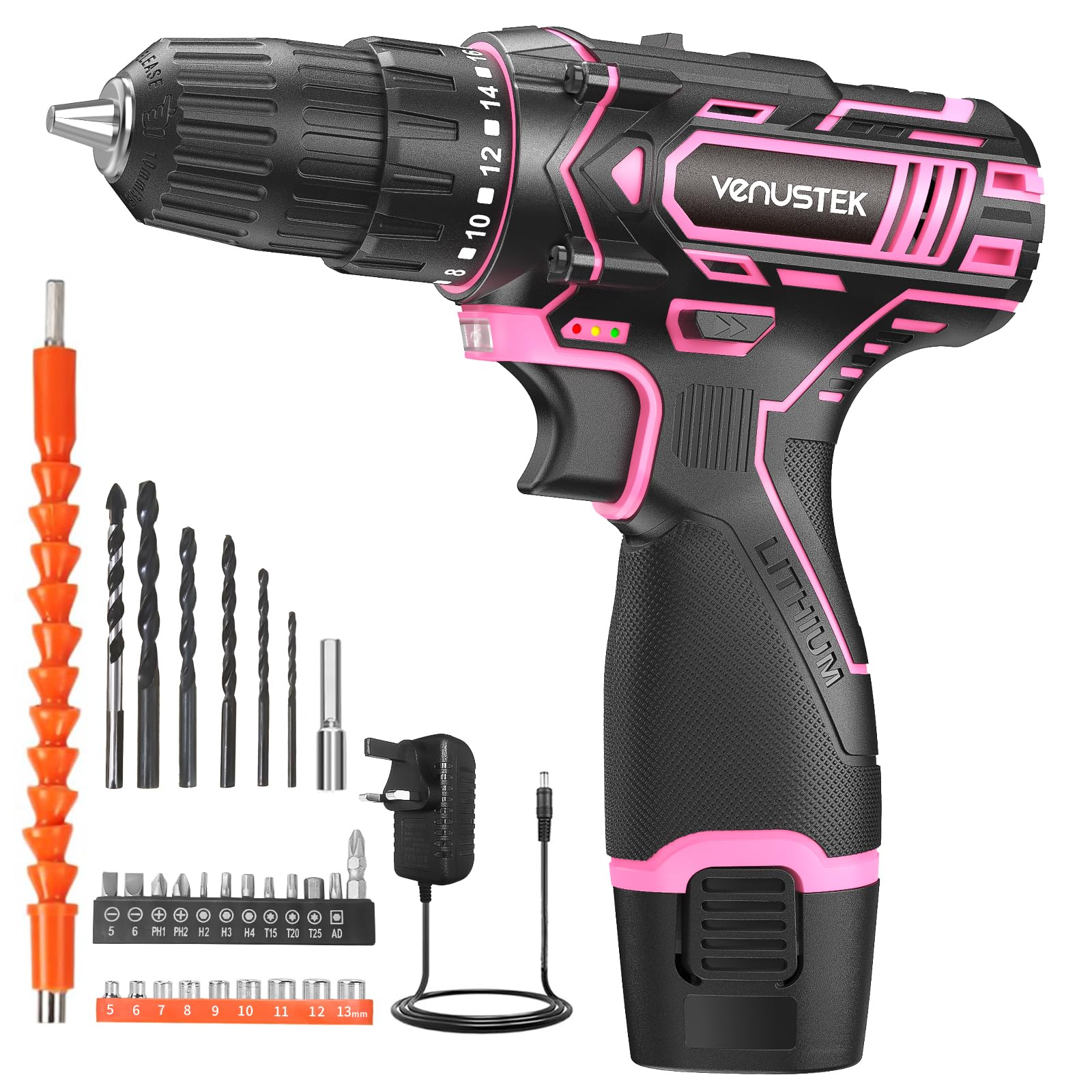 VENUSTEK Cordless Drill Set, 12V Power Drill with 2.0Ah Battery and 2-Speed, 30Nm Torque, 25+1 Clutch Settings, 3/8" Keyless Chuck, Combi Electric Drill for Home DIY, Wood, Metal, Plastic Drilling