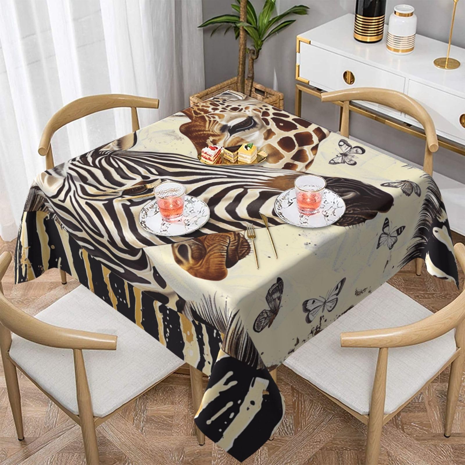 WPKJU Zebra and Giraffe Printed Square Tablecloth 54x54 inch Water Resistant Table Cover Washable Rectangle Table Cloth for Dining Tables