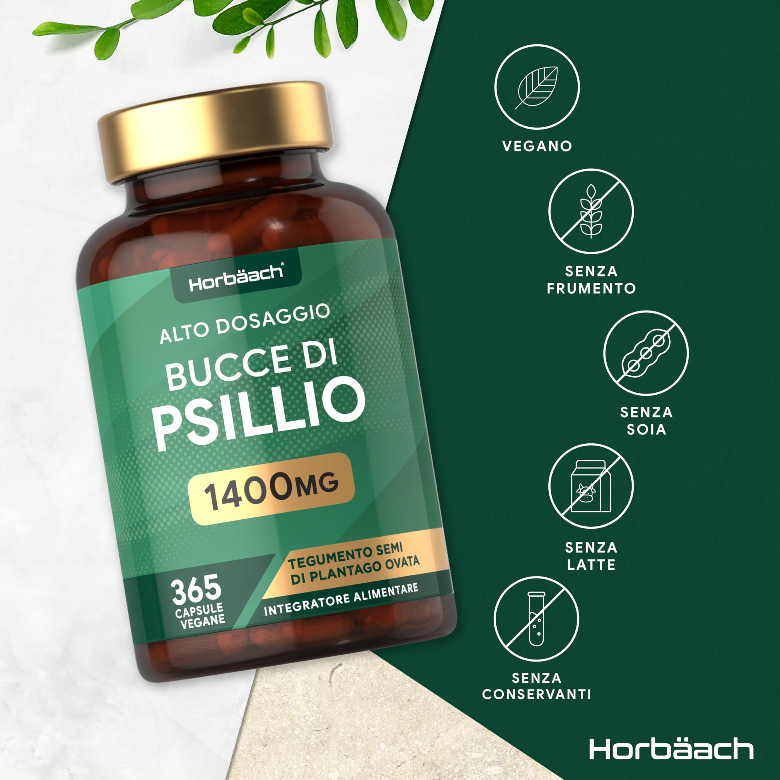 Psillio Capsule Alto Dosaggio 1400 mg | Buccia di Psillio in Polvere | 365 Capsule Vegane per 6 Mesi | Integratore di Fibre | Prebiotico Naturale | Psyllium Husk | di Horbaach
