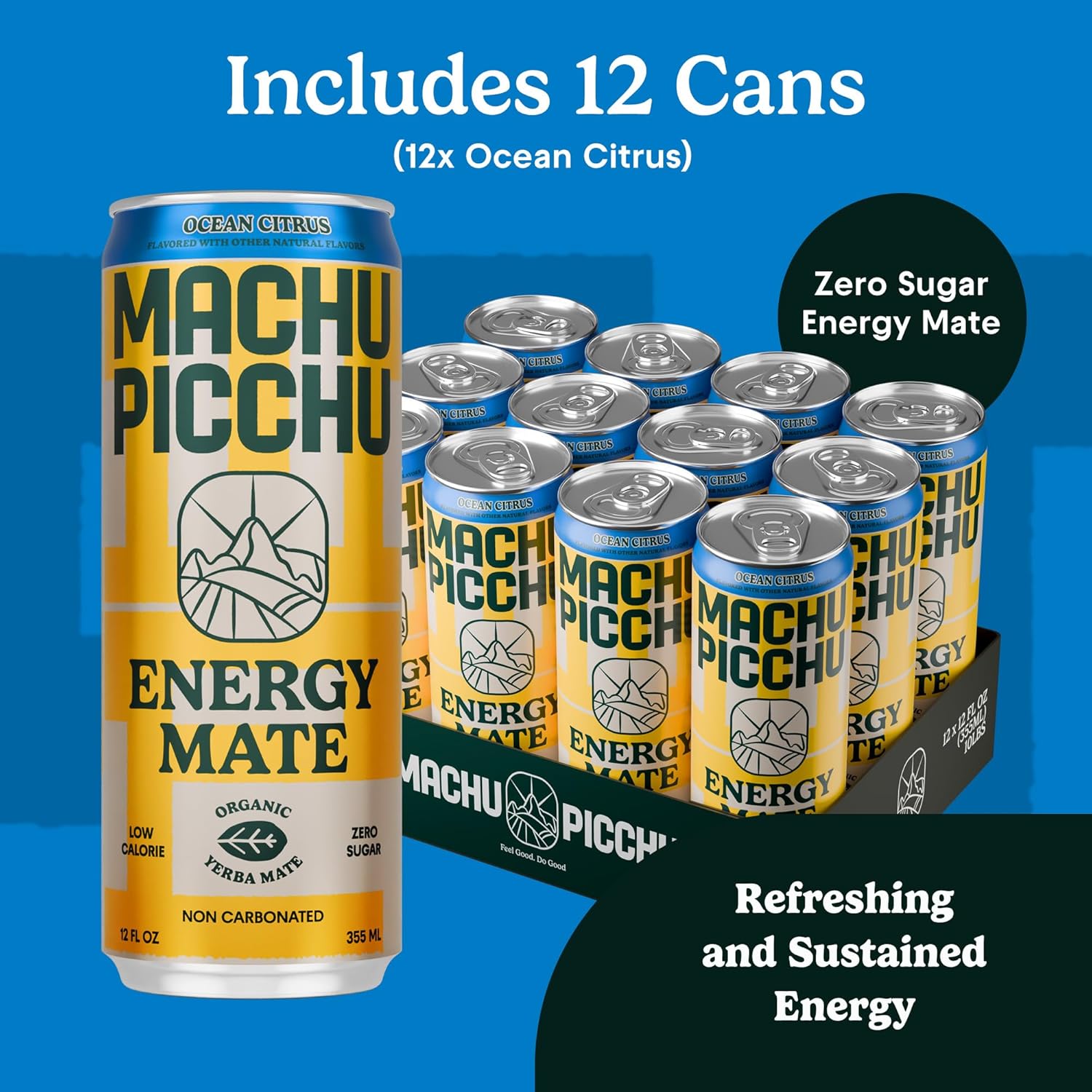 MACHU PICCHU 12-Pack-Ocean Citrus Zero Sugar Energy Mate Drink – Non-Carbonated Yerba Mate, 120mg Organic Caffeine, Smooth Focus Without Jitters or Crash, Low Calorie, USDA Organic, 12oz Cans
