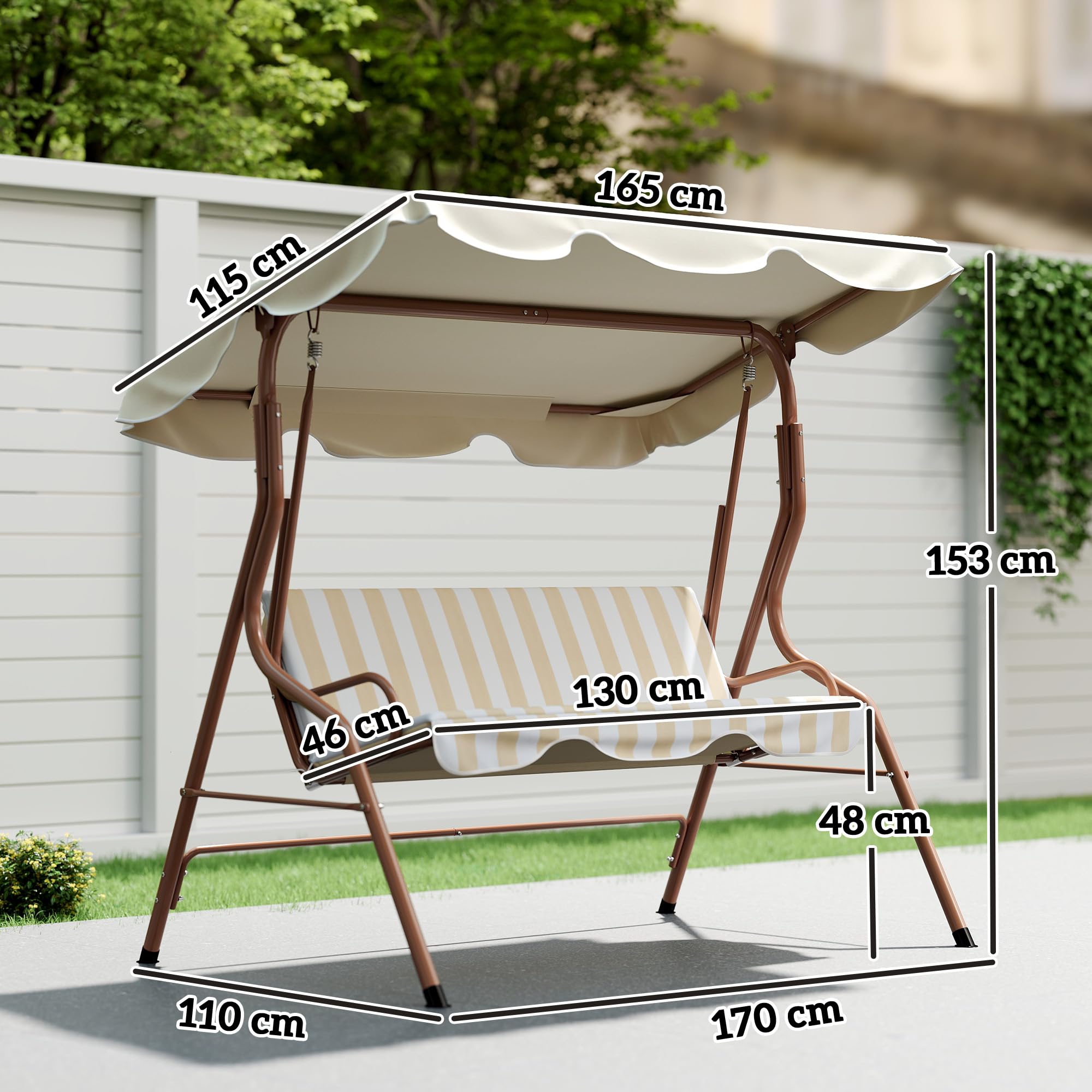 Outsunny Balancelle de Jardin 3 Places Toit imperméabilisé Inclinaison réglable Acier Polyester Marron crème rayé
