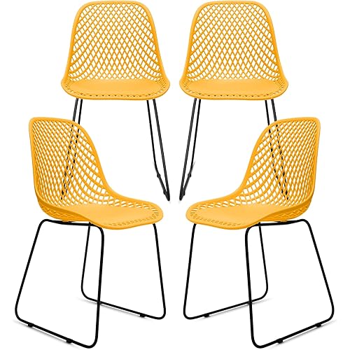 Contemporary Dining Chair Set, Armless Shell Chair with Metal Legs, Quick Assembly, Indoor/Outdoor Chair, Set of 4 (Mustard Yellow)