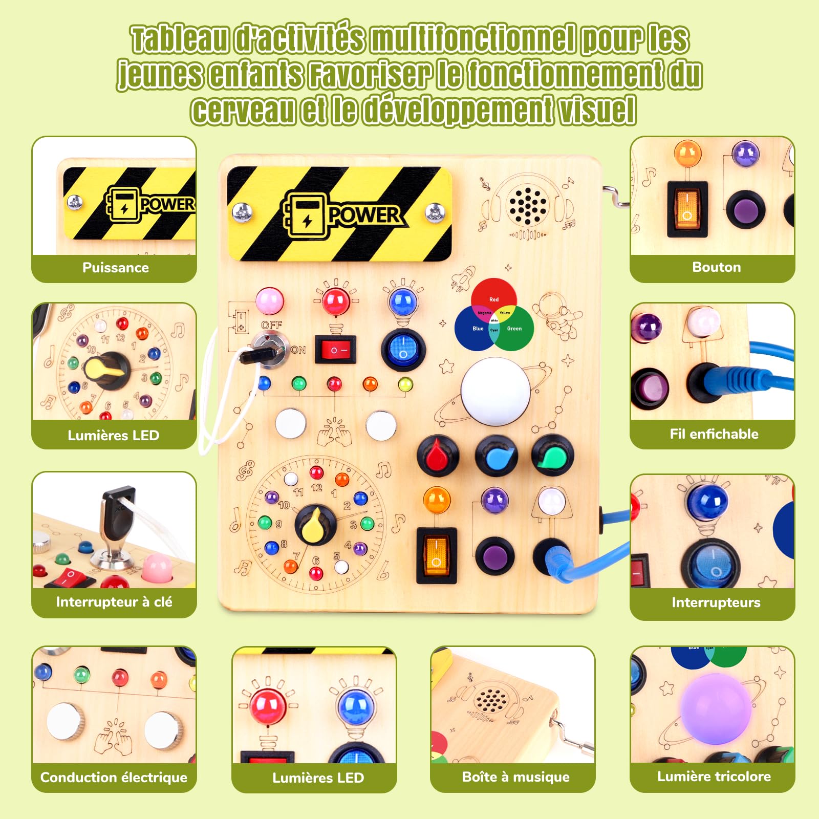 Tableau d'activités Montessori Jouet en bois à partir de 1 an Tableau d'activités avec 12 interrupteurs & 24 LED Jouet d'apprentissage sensoriel avec appareil musical & fonction de mélange de couleurs