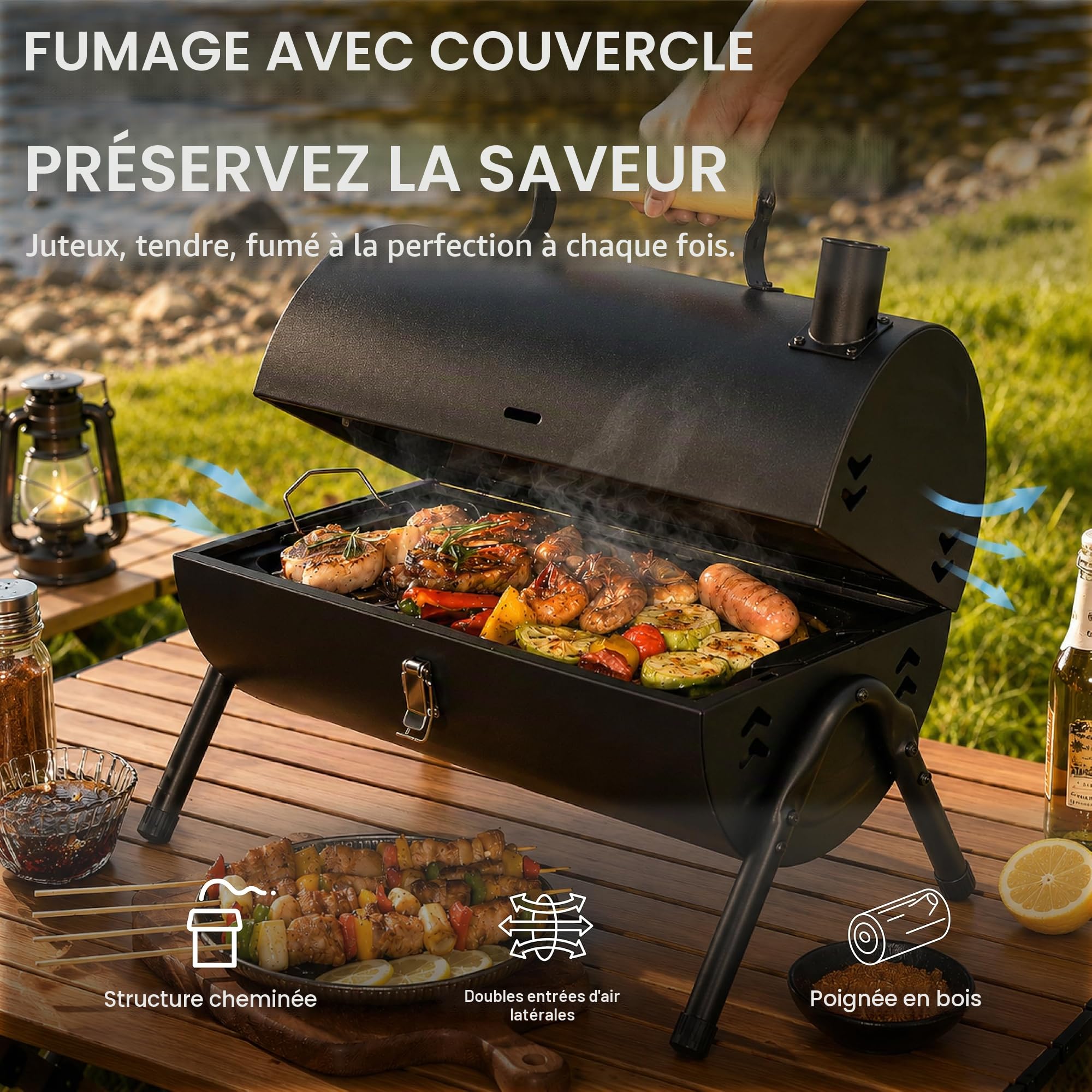 Barbecue à Charbon de Bois Portable, Mini Barbecue Smoker avec Couvercle et Cheminée, BBQ Camping de Table avec Double Grille pour Jardin Terrasse
