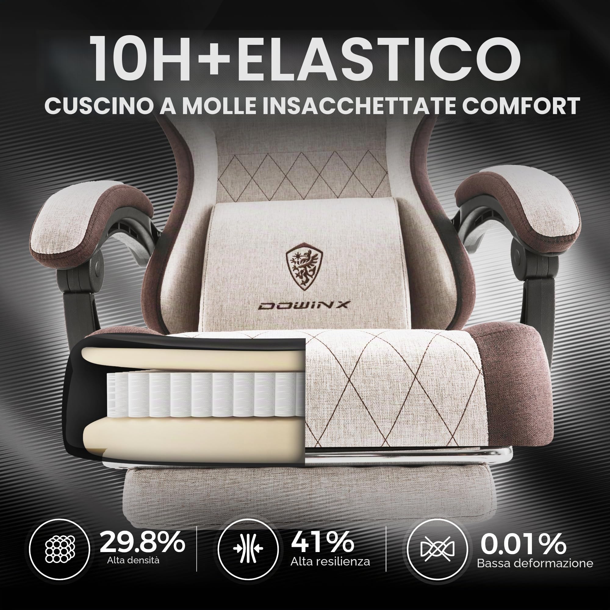 Dowinx Sedia da gioco in tessuto con cuscino a molle, supporto lombare e poggiapiedi, per adulti, sedia da gioco ergonomica, grande e alta, per giochi in ufficio, 135 kg, marrone