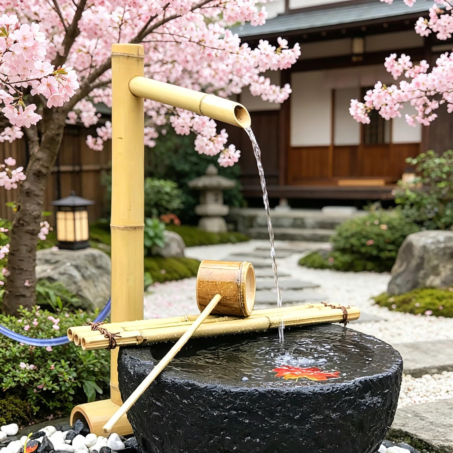 Fontana d'acqua in bambù ad energia solare con pompa 'acqua solare, fontana decorativa in stile Zen for giardino esterno interno, cortile e decorazione paesaggistica del prato