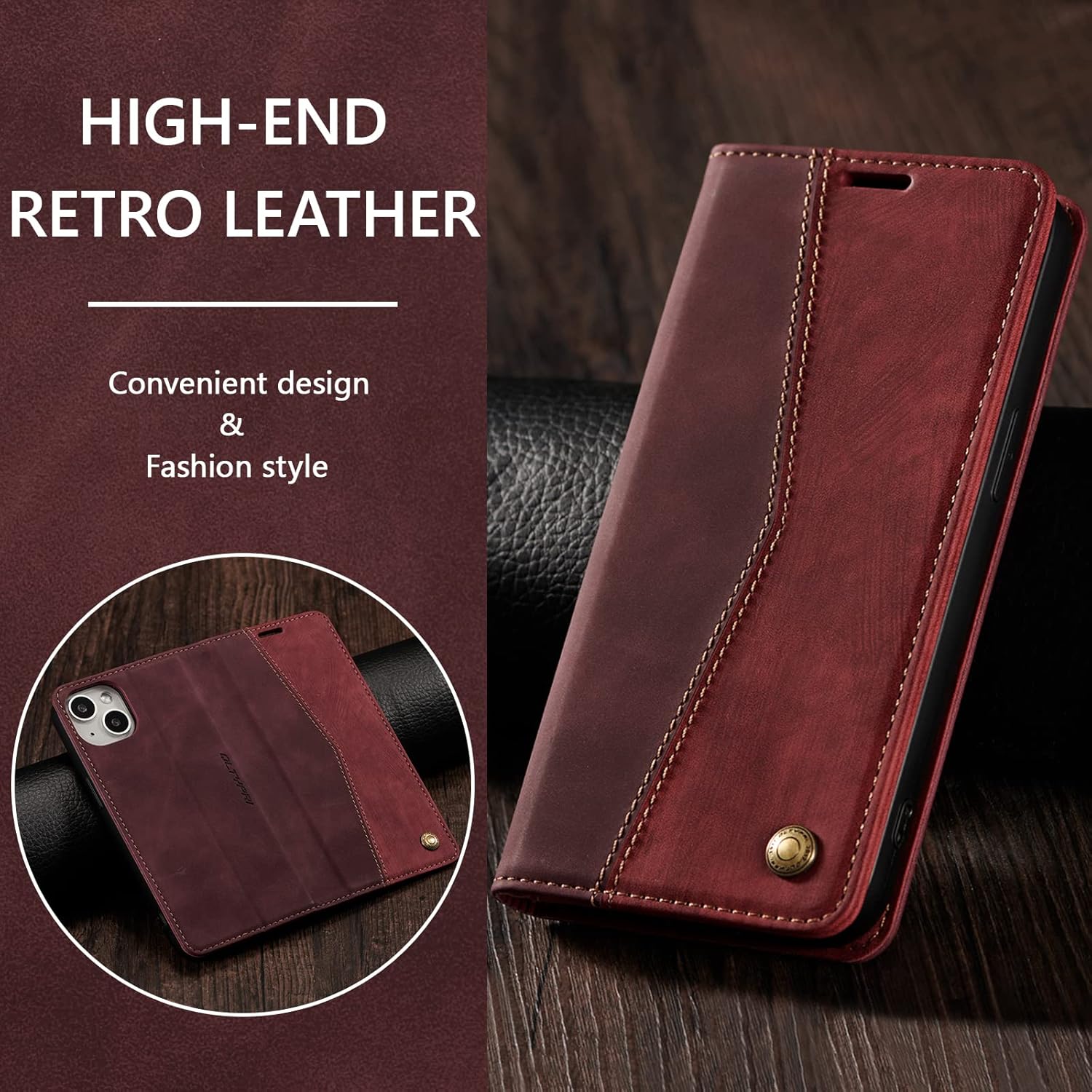 QLTYPRI Wallet Case for iPhone 13 [6.1 Inch], Vintage Folio PU Leather Case with Card Slots Magnetic Closure Kickstand Flip Shockproof Phone Cover for iPhone 13 - Wine Red - Image 7