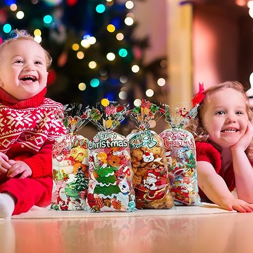Miniatura 7 de JMANNI 120 bolsas de celofán de Navidad, bolsas transparentes de celofán de Navidad, bolsas de dulces dulces de celofán de Navidad, bolsas de fiesta