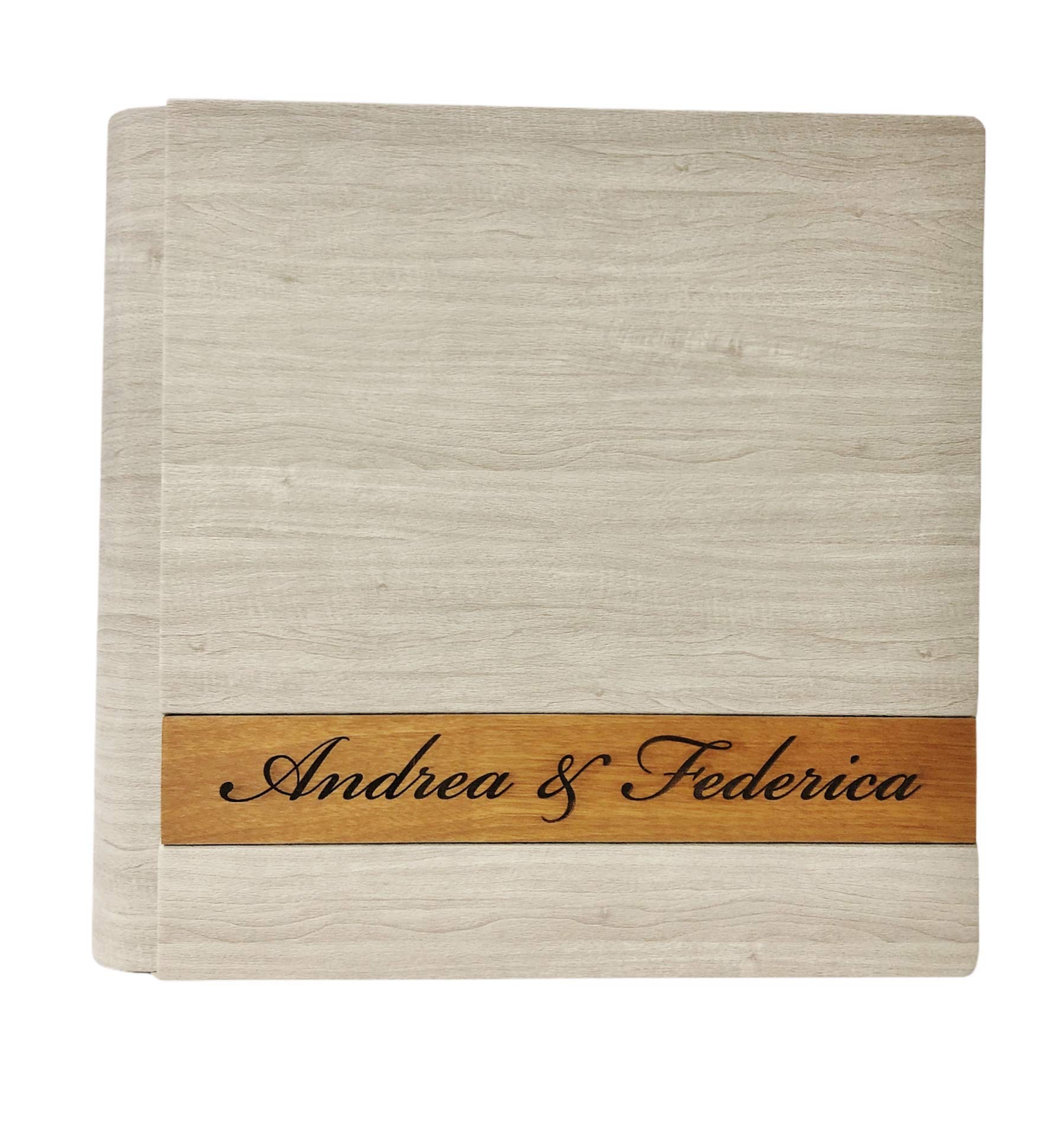 TriVin Art, Álbum de Fotos en Polipiel, con Aplicación de Madera Personalizable con Grabado. Ideal para Bautismo, Boda, Comunión y foto recuerdo.