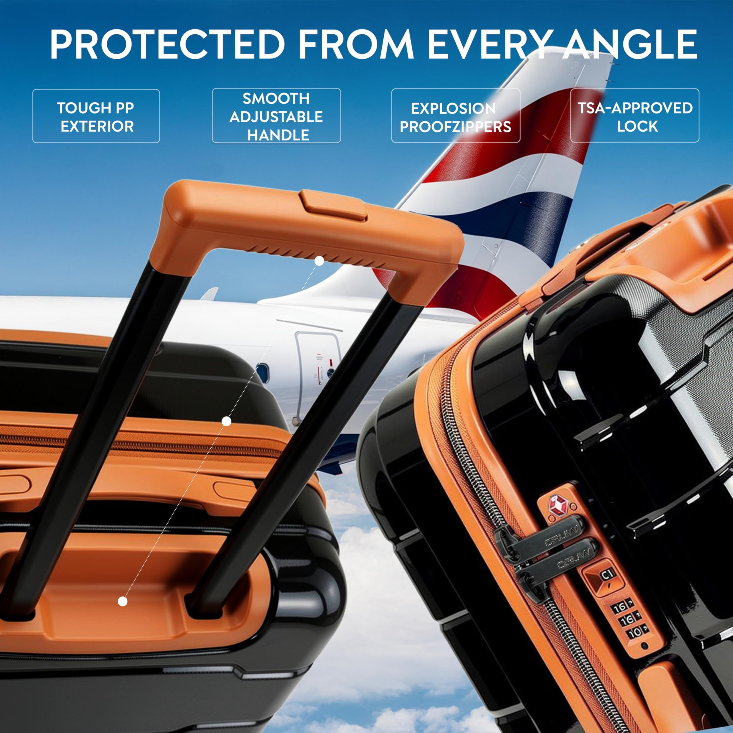 CRUW Hand Luggage 22" Expandable Lightweight Cabin Bag TSA Approved Lock Silent Wheels with Vanity Case Durable Polypropylene Luggage Suitcase Fits 56x45x25cm Overhead Carry On for easyJet.